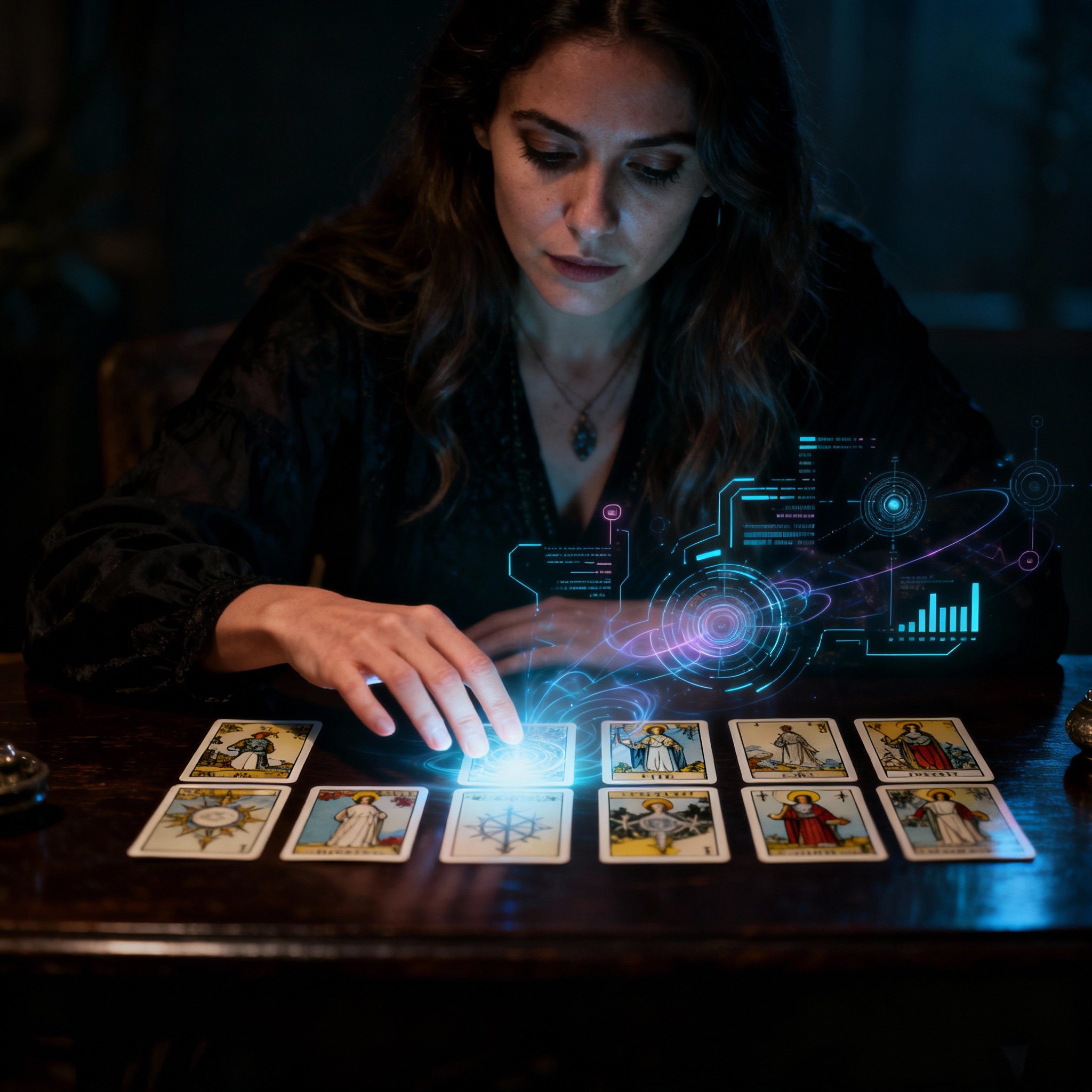 The psychic Alexa is intently interpreting glowing tarot cards on a table, her hand hovering over them. Abstract light effects symbolizing energy and data float around her, showcasing her ability for in-depth information analysis.