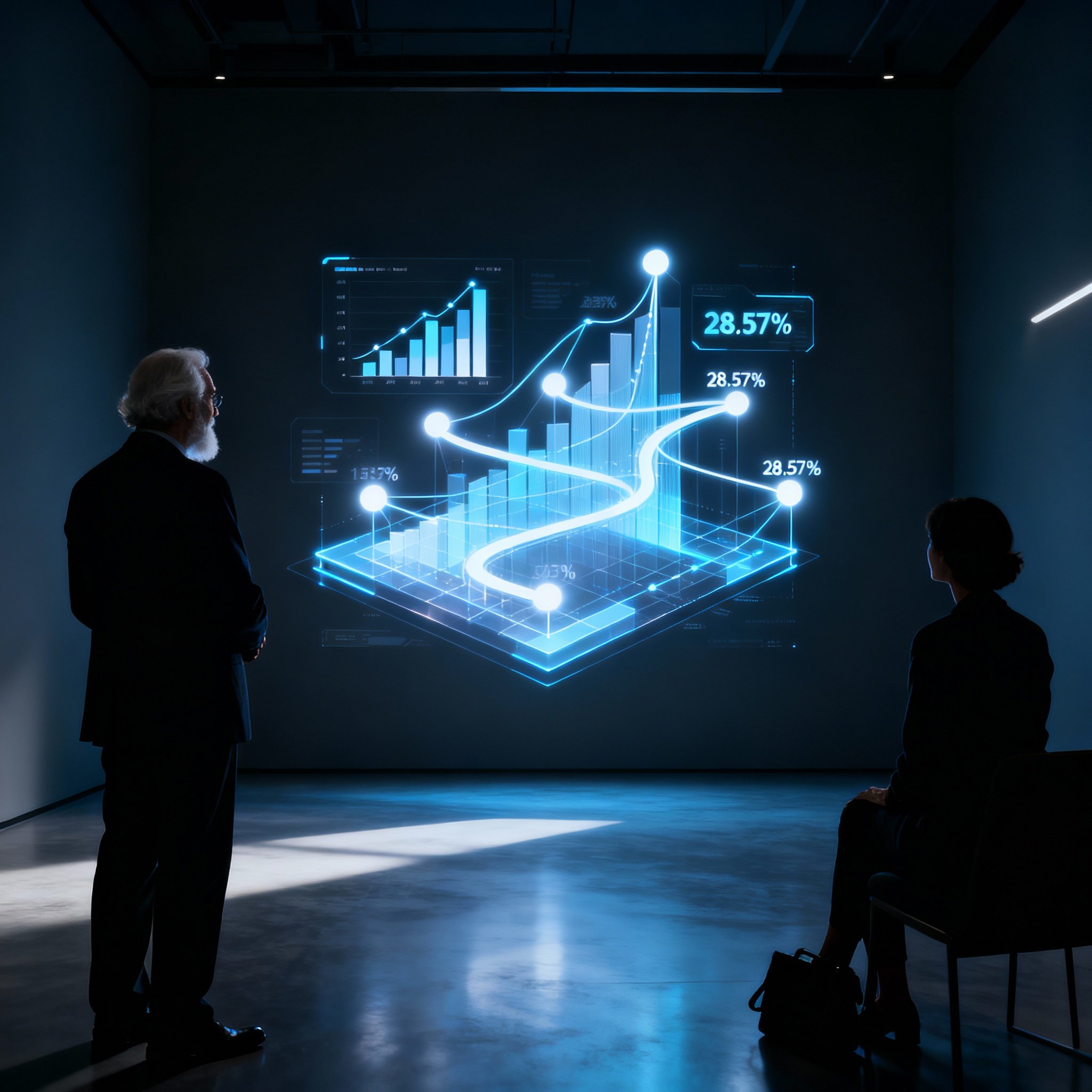 A consultant and client looking at a luminous, interactive data chart showing client loyalty statistics and interconnected lines symbolizing life paths, creating a tech-forward and insightful scene.