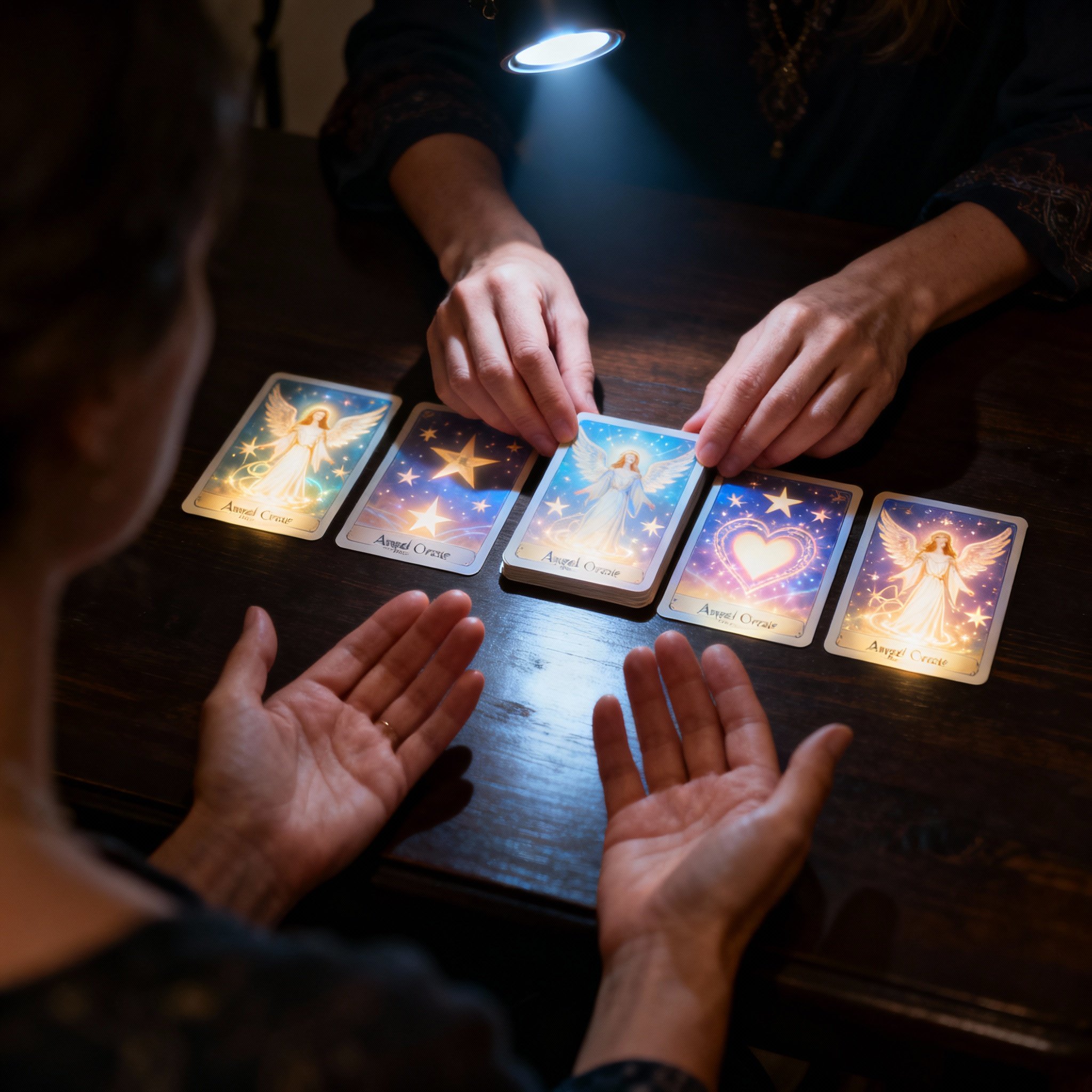 A close-up of a consultation scene, showing Psychic Stella Rose's hands interpreting glowing Angel Oracle cards on a wooden table, providing clear insight and guidance to a client.
