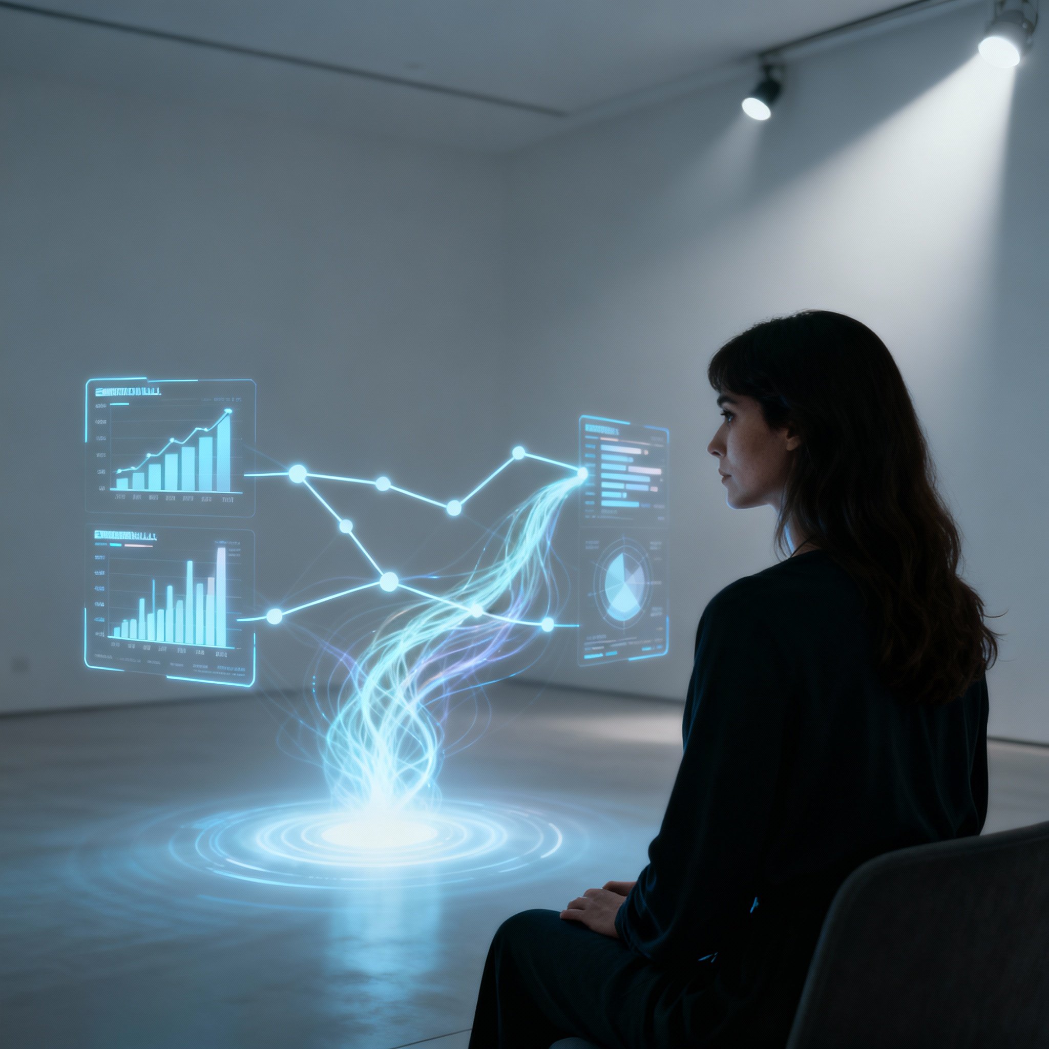 A scene of a psychic conducting an online consultation. Abstract energy flows and data charts representing emotions and interpersonal connections float on the screen, symbolizing the transformation of intuitive insights into clear guidance.
