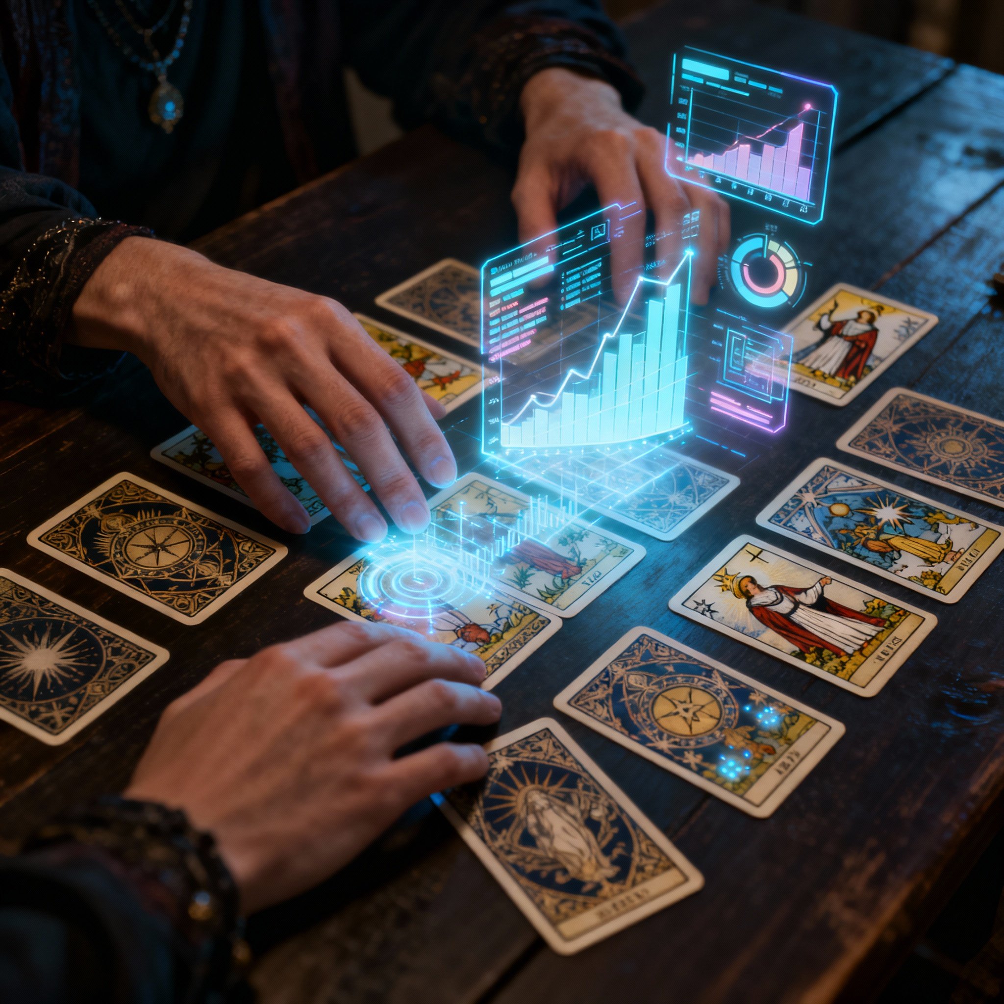 A pair of hands interpreting tarot cards on a table, with glowing data charts and connecting lines overlaid, symbolizing the combination of intuition and data analysis.