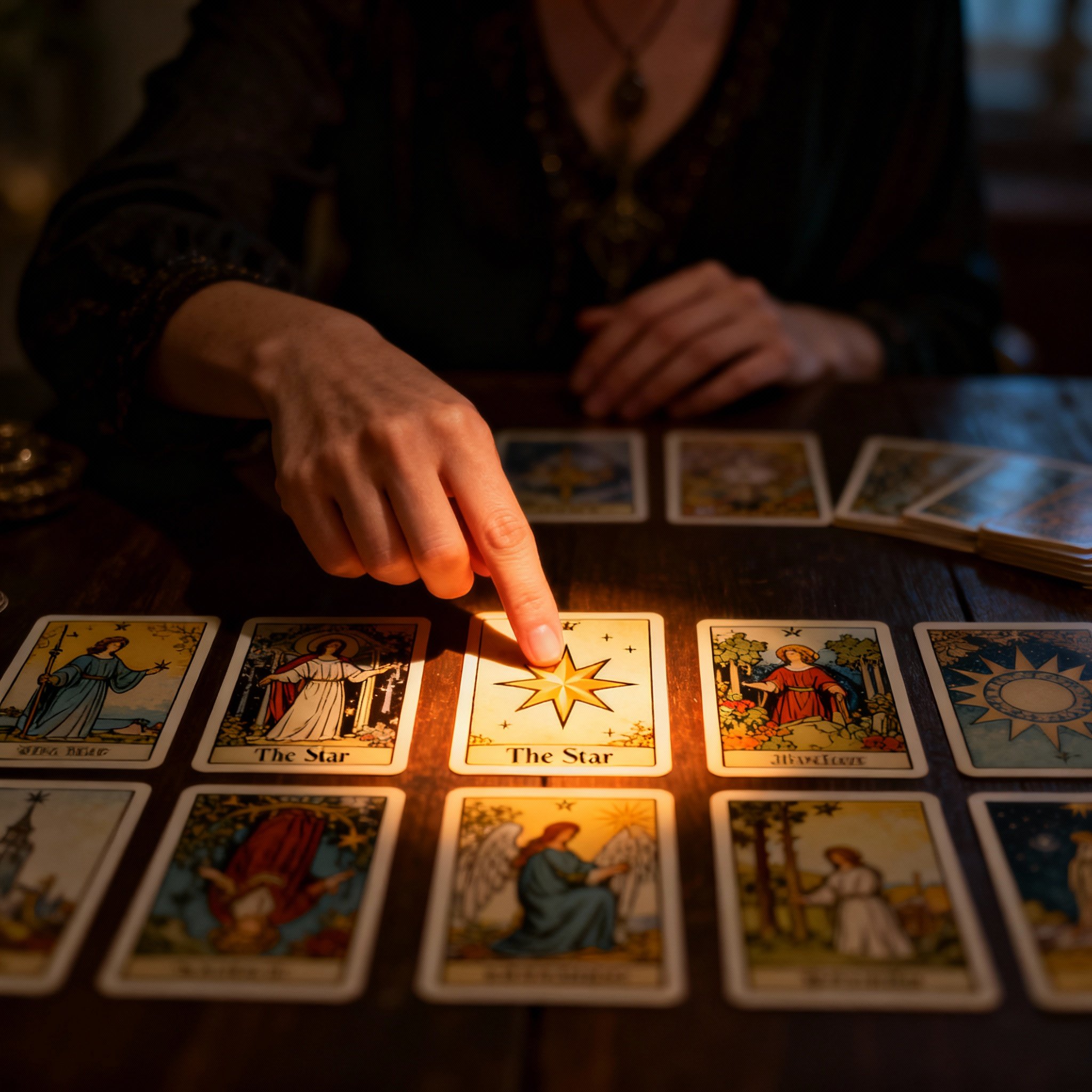 An over-the-shoulder view from a client's perspective as a psychic interprets a spread of tarot cards. Light focuses on the beautifully illustrated cards, with the psychic's finger pointing to a key card, conveying a moment of focus, epiphany, and guidance.