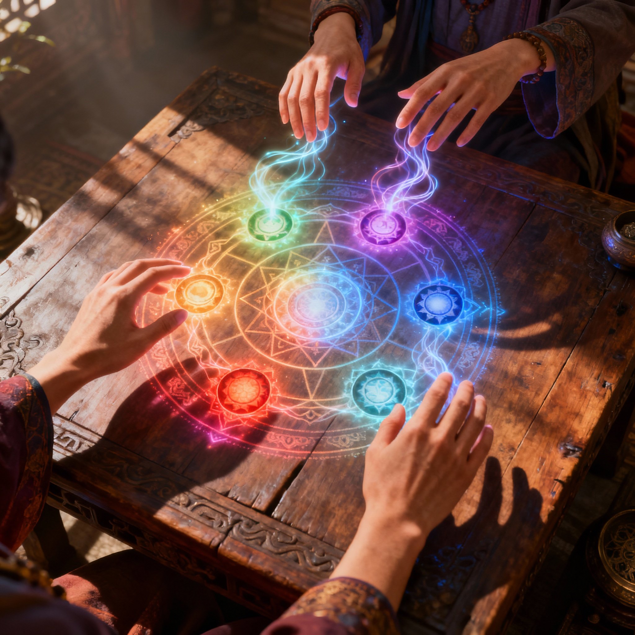 A healer's hands hover over a glowing diagram of the seven chakras, with lines of energy flowing between the fingertips and the chakras, vividly illustrating the process of energy diagnosis and deep insight.