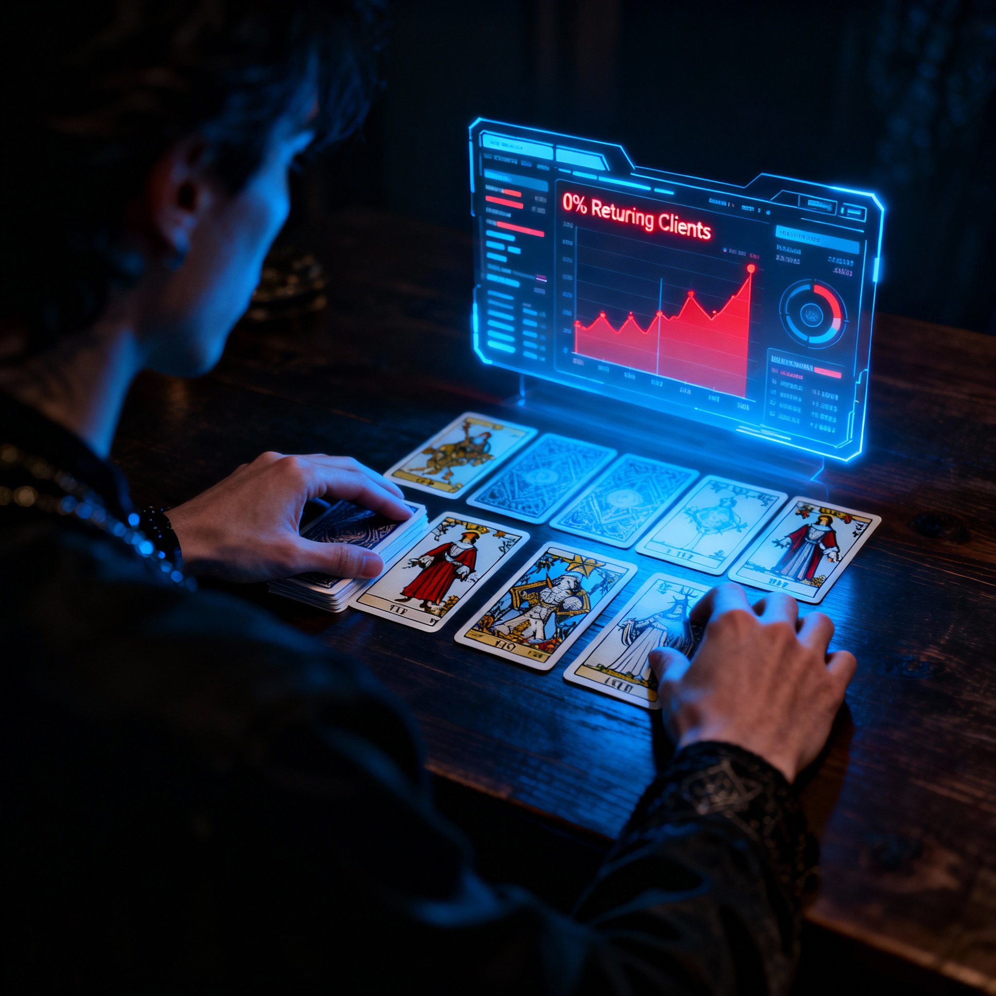 A psychic interprets tarot cards while a glowing, semi-transparent data chart hovers in the air, showing user retention metrics, symbolizing the blend of intuition and analysis.