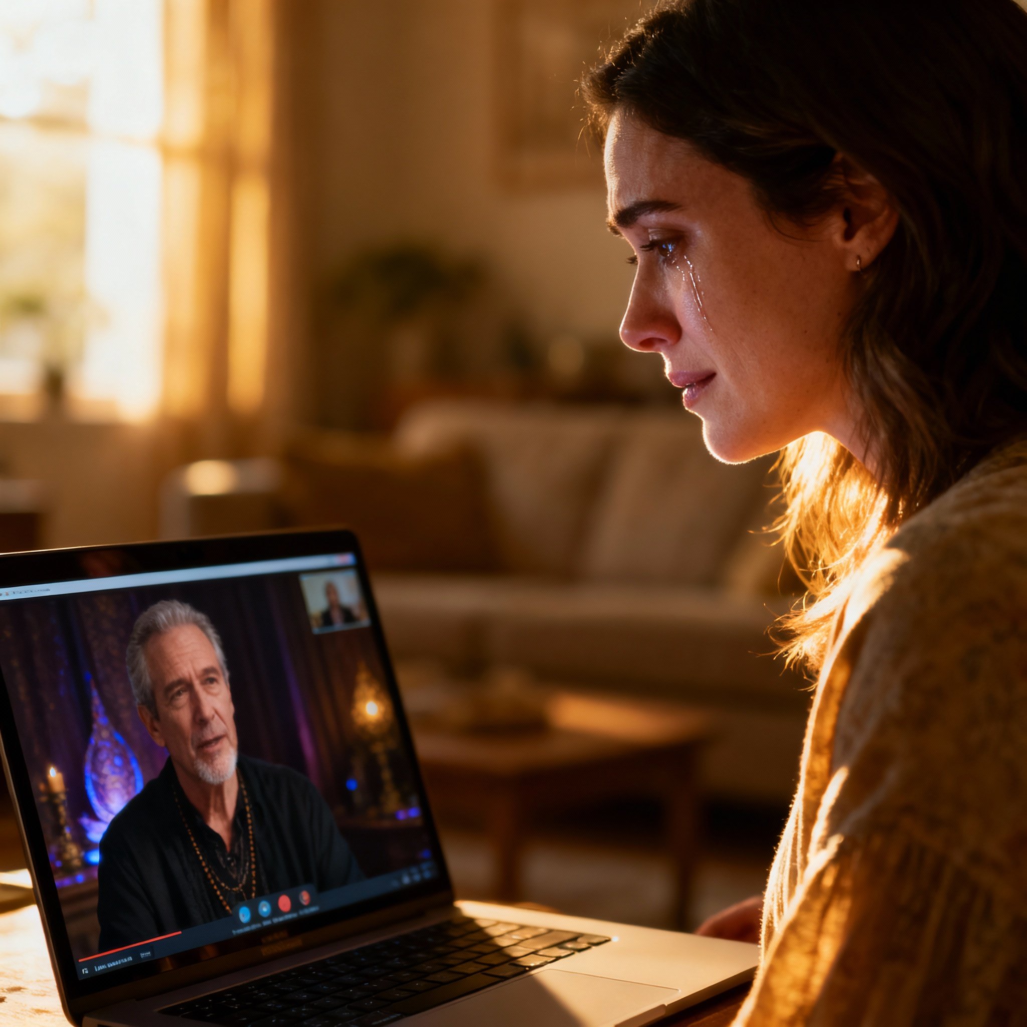A woman having a video call with her psychic advisor, her face shows an expression of dawning realization and relief, symbolizing the emotional clarity gained during the consultation.