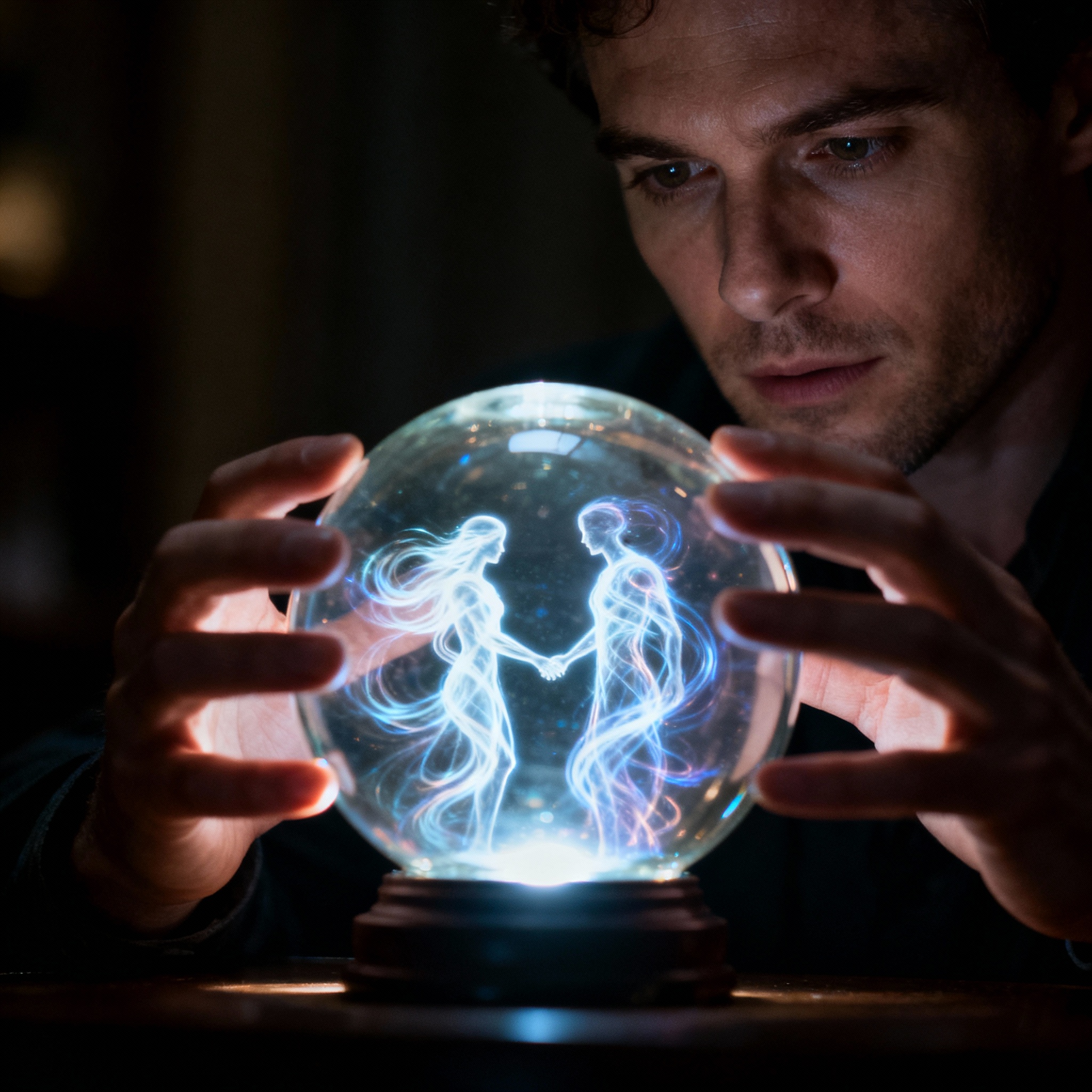 A pair of male hands holding a luminous crystal ball. Inside the ball, abstract light patterns symbolize a complex relationship. The surrounding environment is dim, highlighting the crystal ball as the sole source of knowledge and insight.