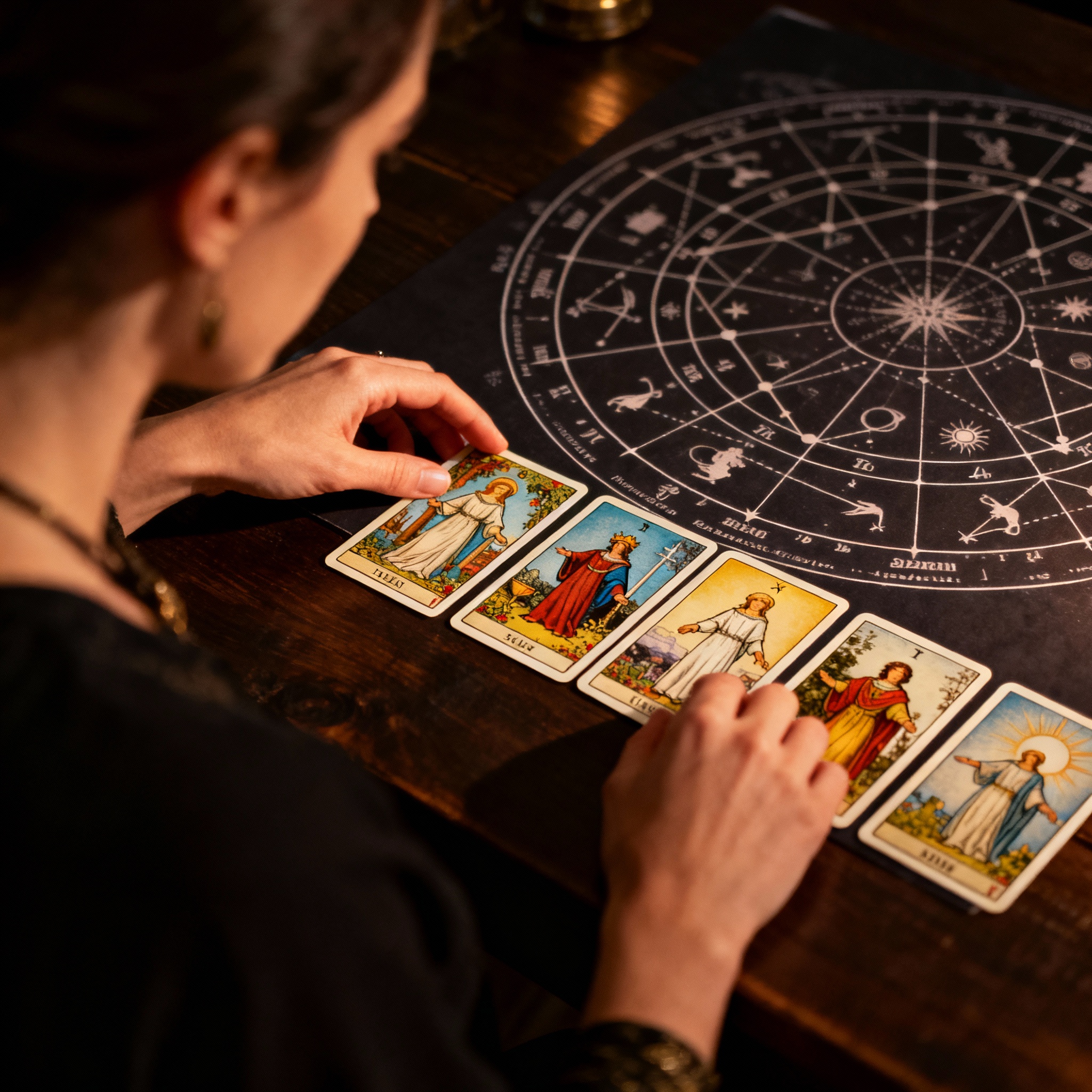 A psychic's hands move over tarot cards and an astrology chart spread out on a table. Soft light illuminates the details and symbols on the cards, symbolizing the deep insights and new perspectives being revealed during a consultation.