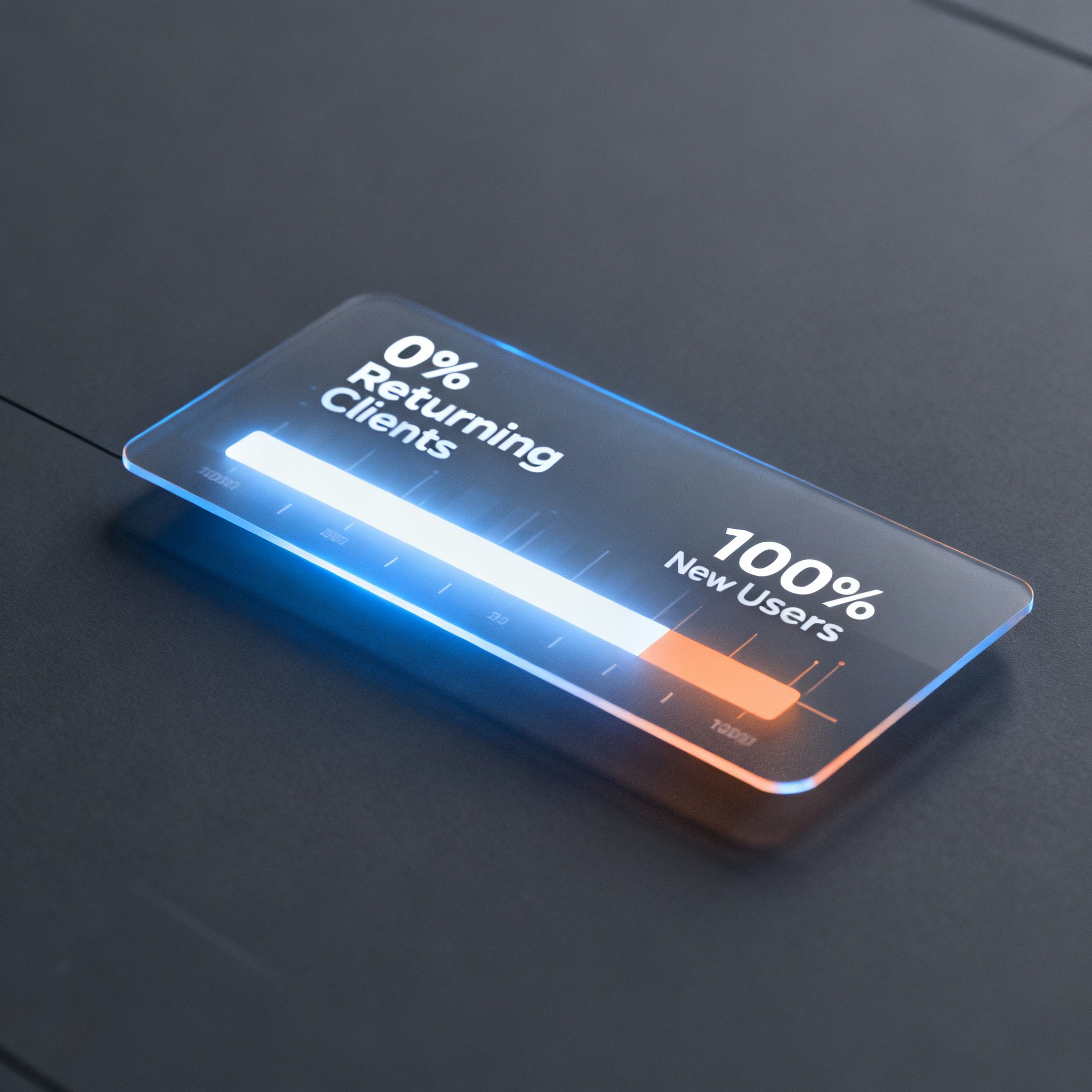 A conceptual image showing a glowing digital chart that highlights the critical metric '0% Returning Clients' on a dark data analytics interface, symbolizing deep insight from user reviews.