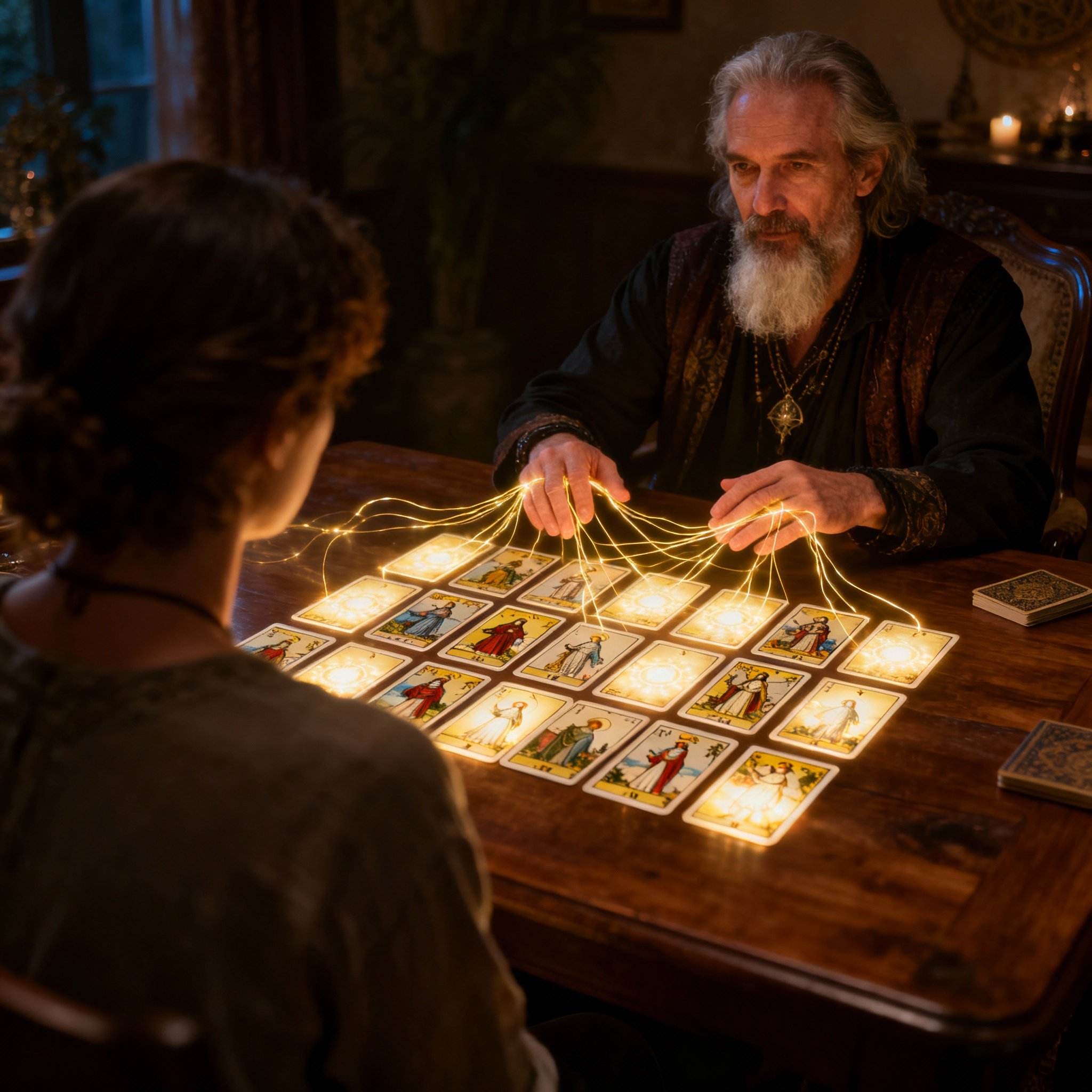 A consultation scene where psychic Cody interprets glowing Tarot cards for a client. Abstract lines of energy connect them, symbolizing deep insight and connection from the Akashic Records.