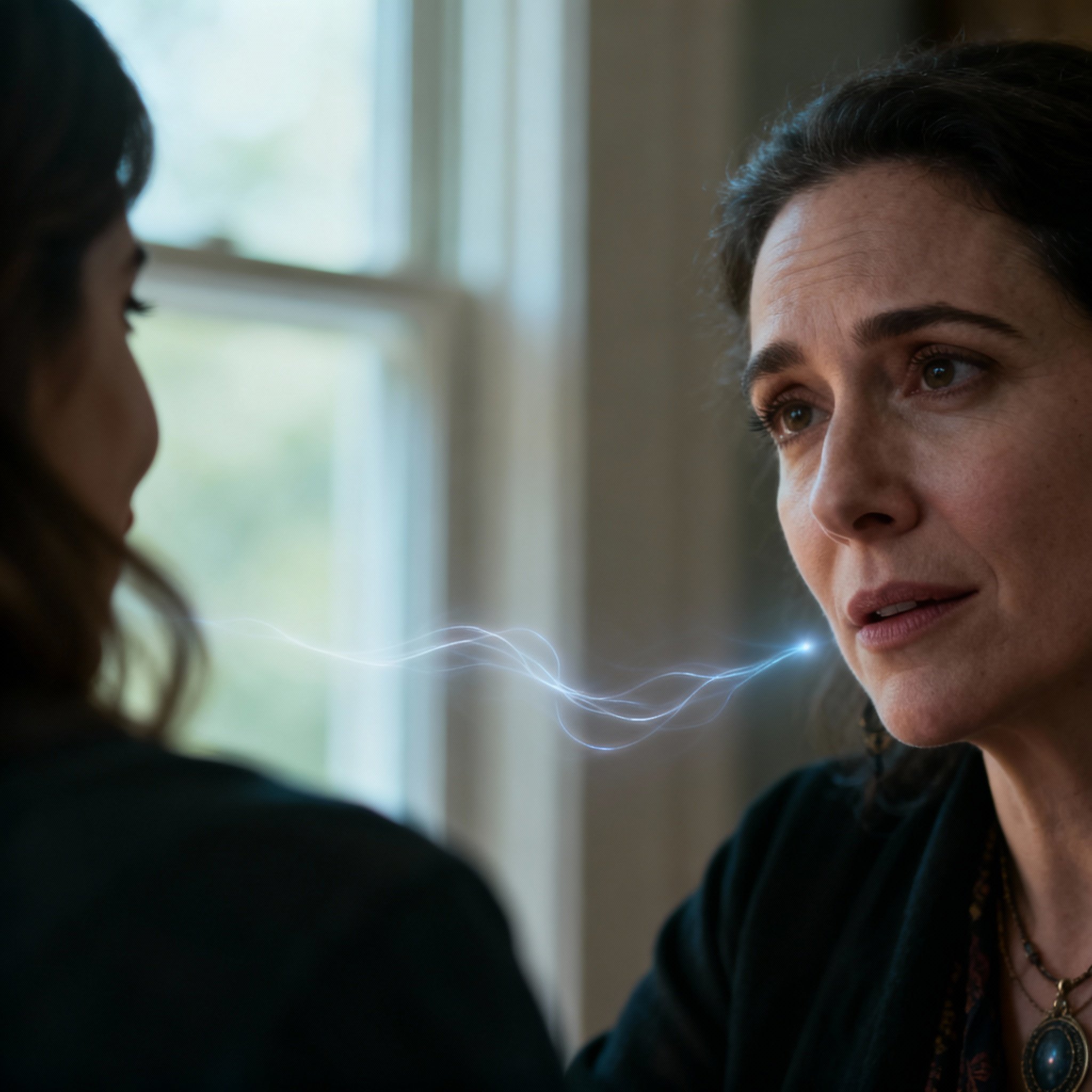 An over-the-shoulder shot of a client shows Psychic Sally in deep, focused conversation. The client's face shows dawning realization and relief, with a subtle glow connecting the two, symbolizing a rapid intuitive connection.