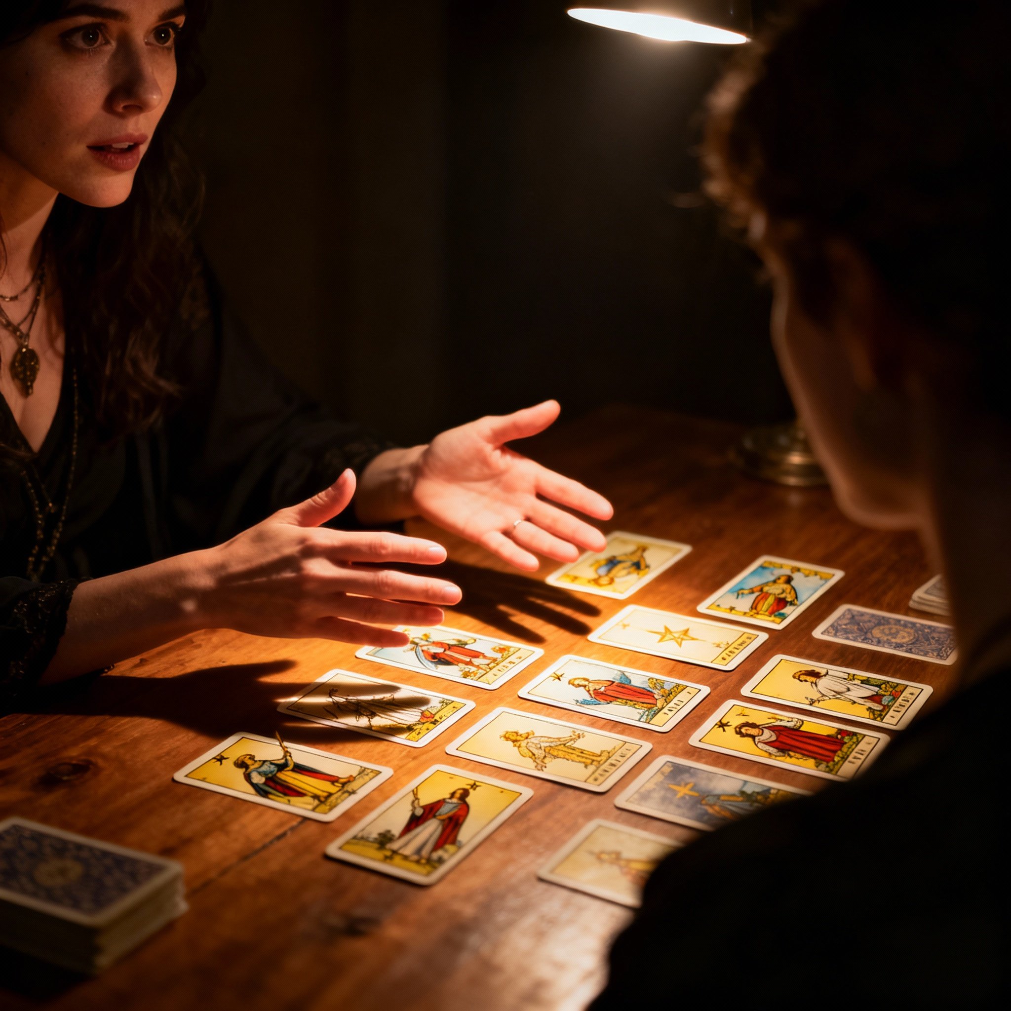 A consultation scene where a psychic is reading Tarot cards for a client. The light is focused on the cards on the table and her focused hands, while the client's face shows a moment of dawning realization, capturing the instant of gaining clear insight.