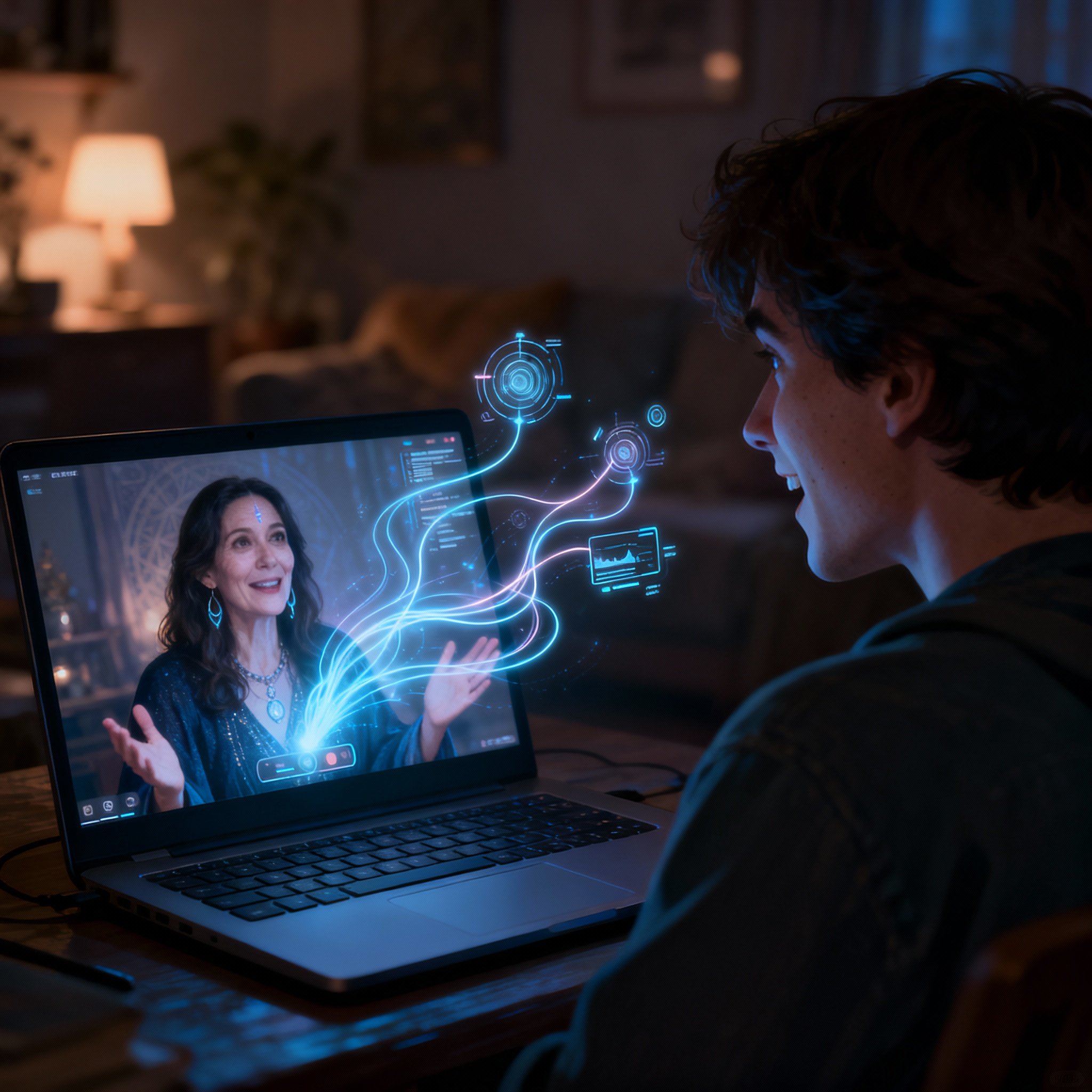 An over-the-shoulder view of a client on a laptop, engaged in a video call with a psychic. Abstract light patterns and ethereal charts, representing emotional and energetic connections, float over the screen, symbolizing a moment of deep insight and clarity.