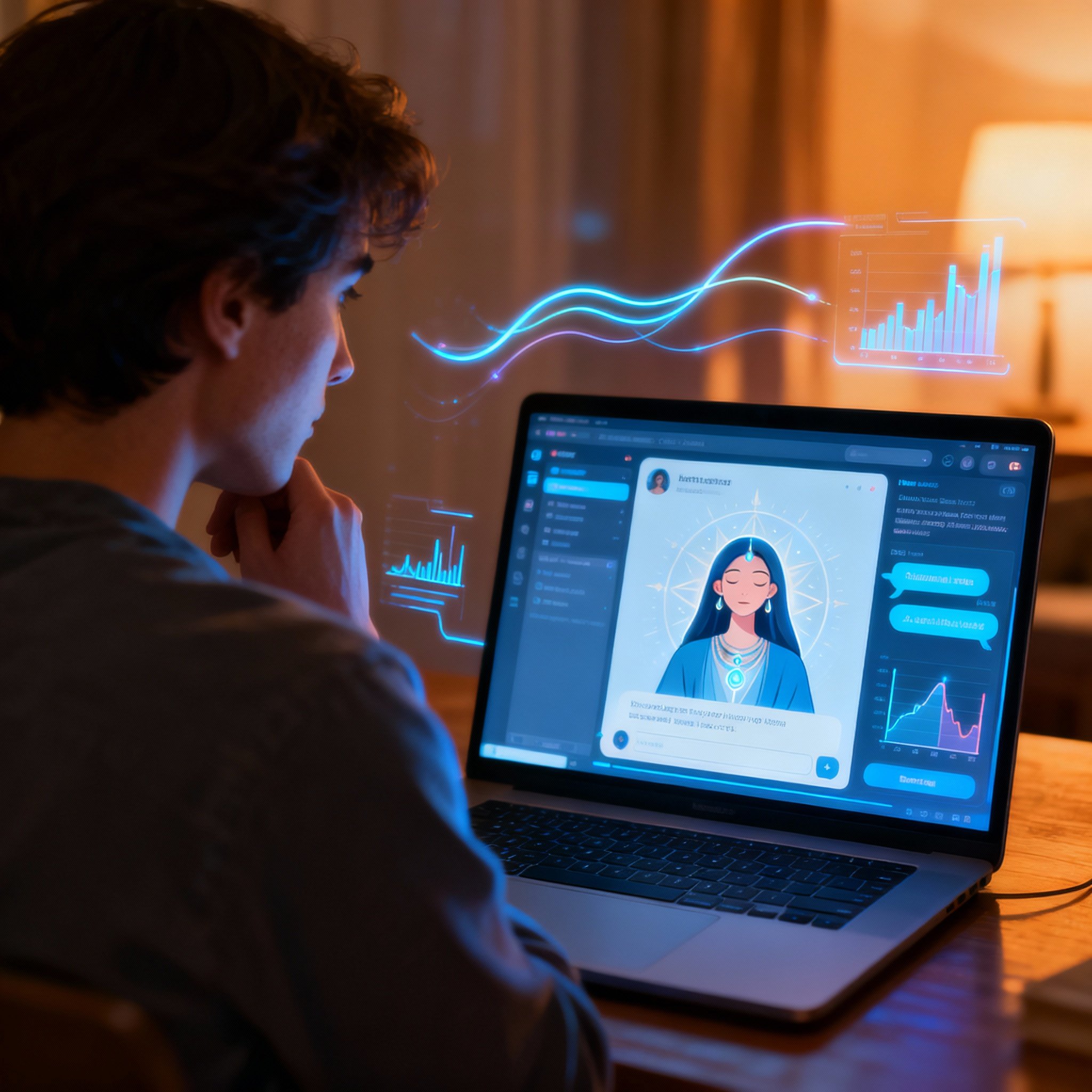 A person sitting at a computer for an online consultation, with the image of the psychic Susan on the screen. Abstract light patterns representing data and energy surround them, symbolizing a moment of clear insight.