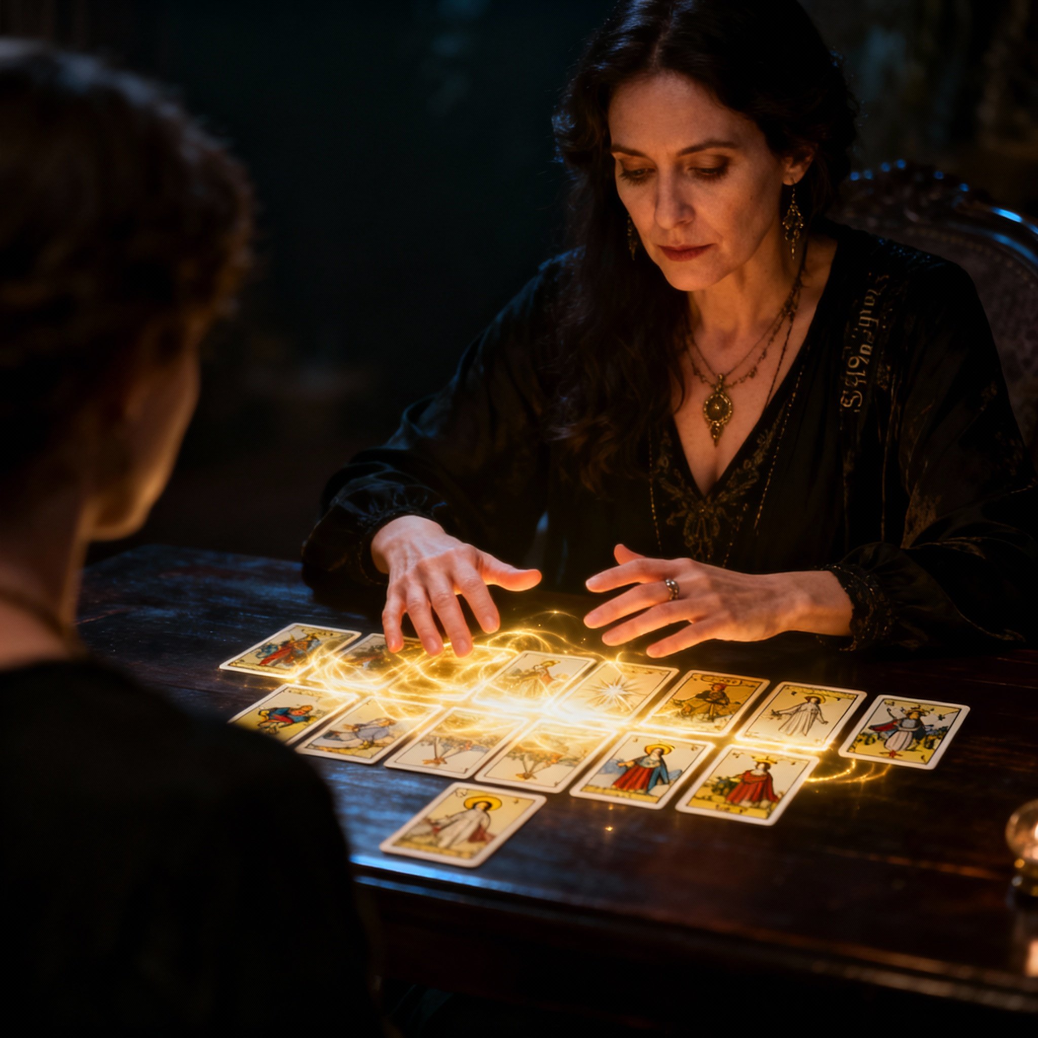 An over-the-shoulder view of the psychic, Serene Spirit, at a wooden table. Her hands are gently hovering over a spread of tarot cards. A soft, almost magical light emanates from the cards, illuminating her focused expression and the table's texture, symbolizing a moment of clear insight emerging from confusion.