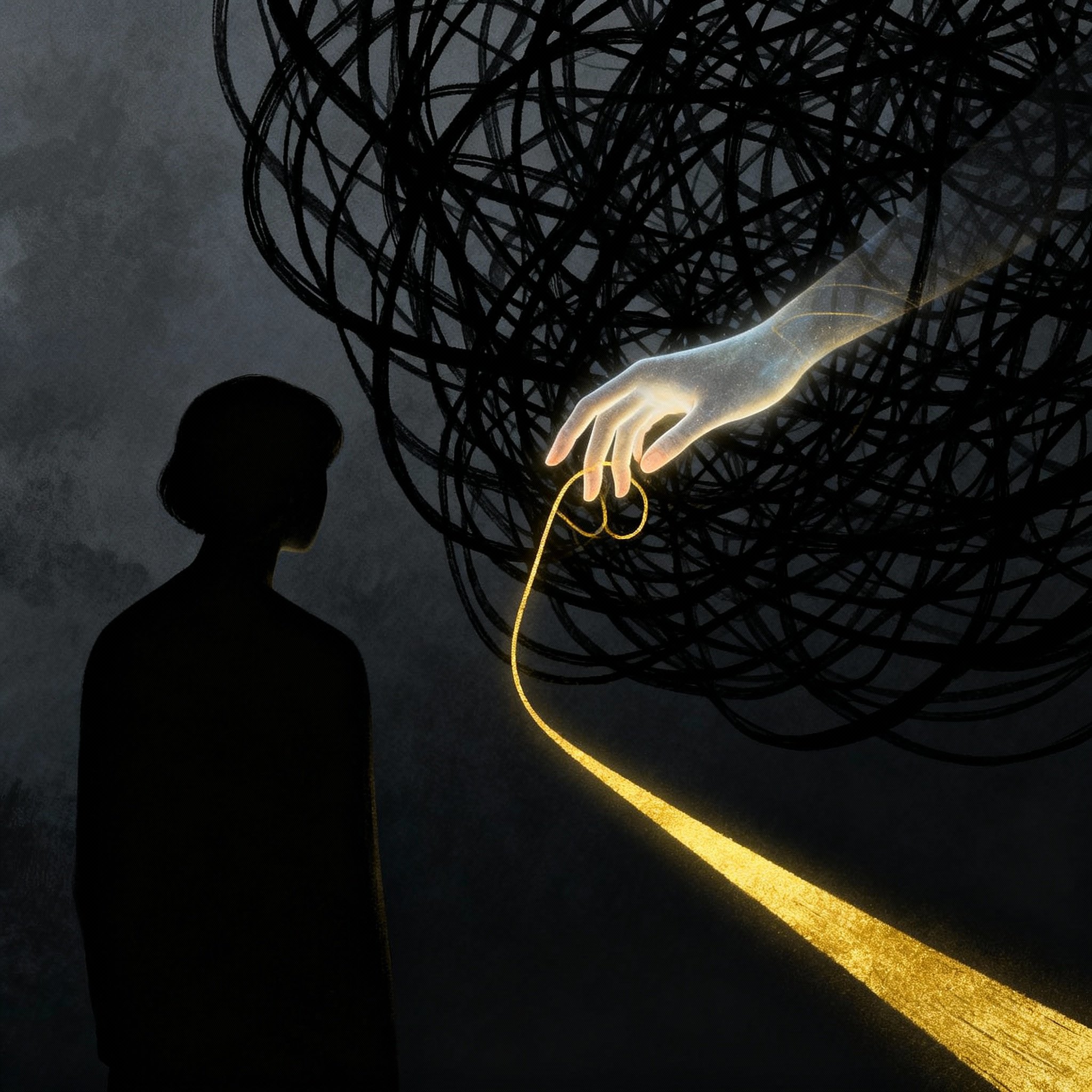 An abstract art image showing a luminous hand touching a web of chaotic lines, from which a single, clear, bright path emerges, symbolizing how a psychic's guidance brings clarity to confusion.