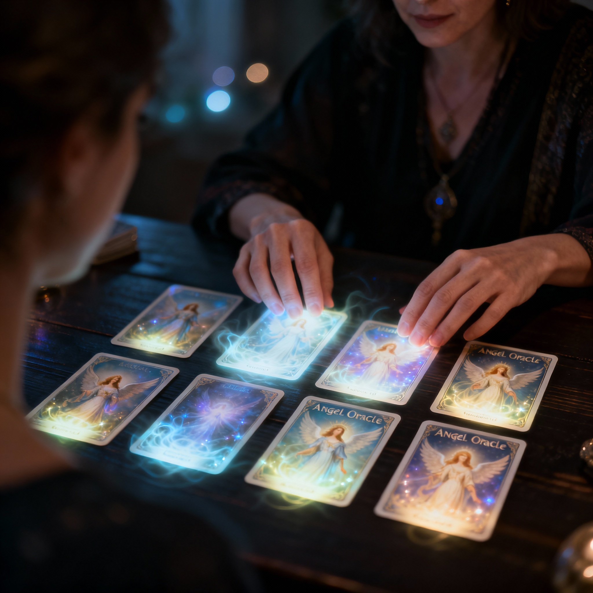 A view from the client's perspective, looking at a psychic's hands interpreting glowing Angel Cards on a table, symbolizing clear insight and a deep consultation.