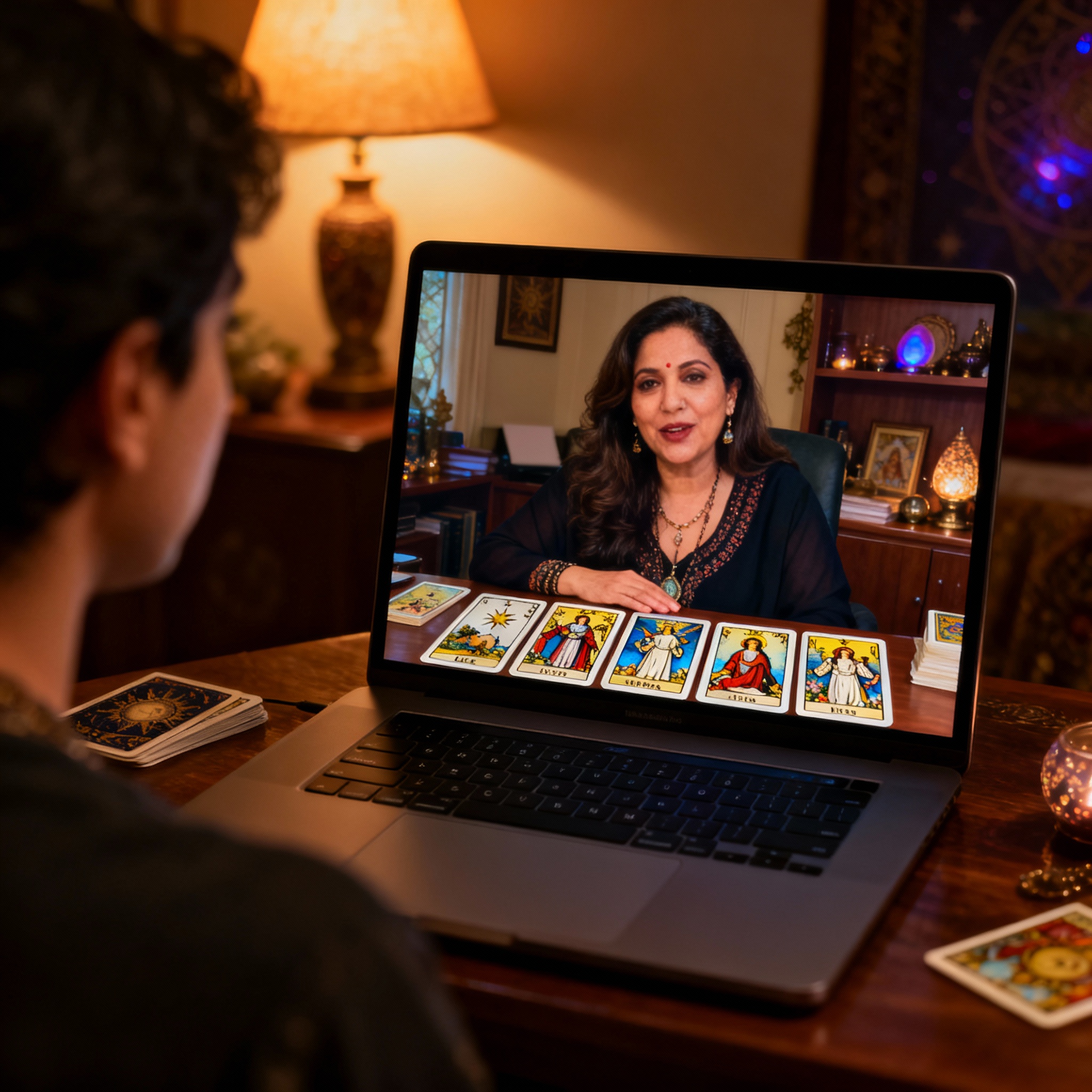 A client's view of a video consultation with Psychic Miss Meera on a laptop. On the screen, Miss Meera is compassionately explaining the meaning of tarot cards, illustrating an insightful and interactive moment.