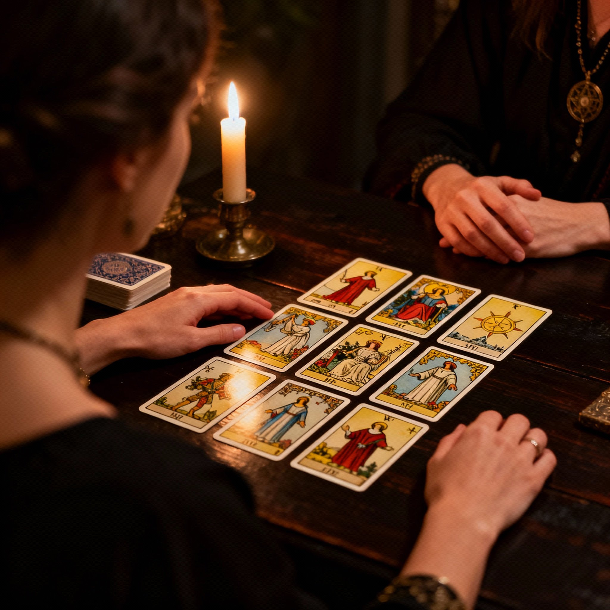 An over-the-shoulder view of a psychic gracefully laying out Tarot cards on a dark wooden table, illuminated by candlelight, creating a focused and insightful consultation atmosphere.