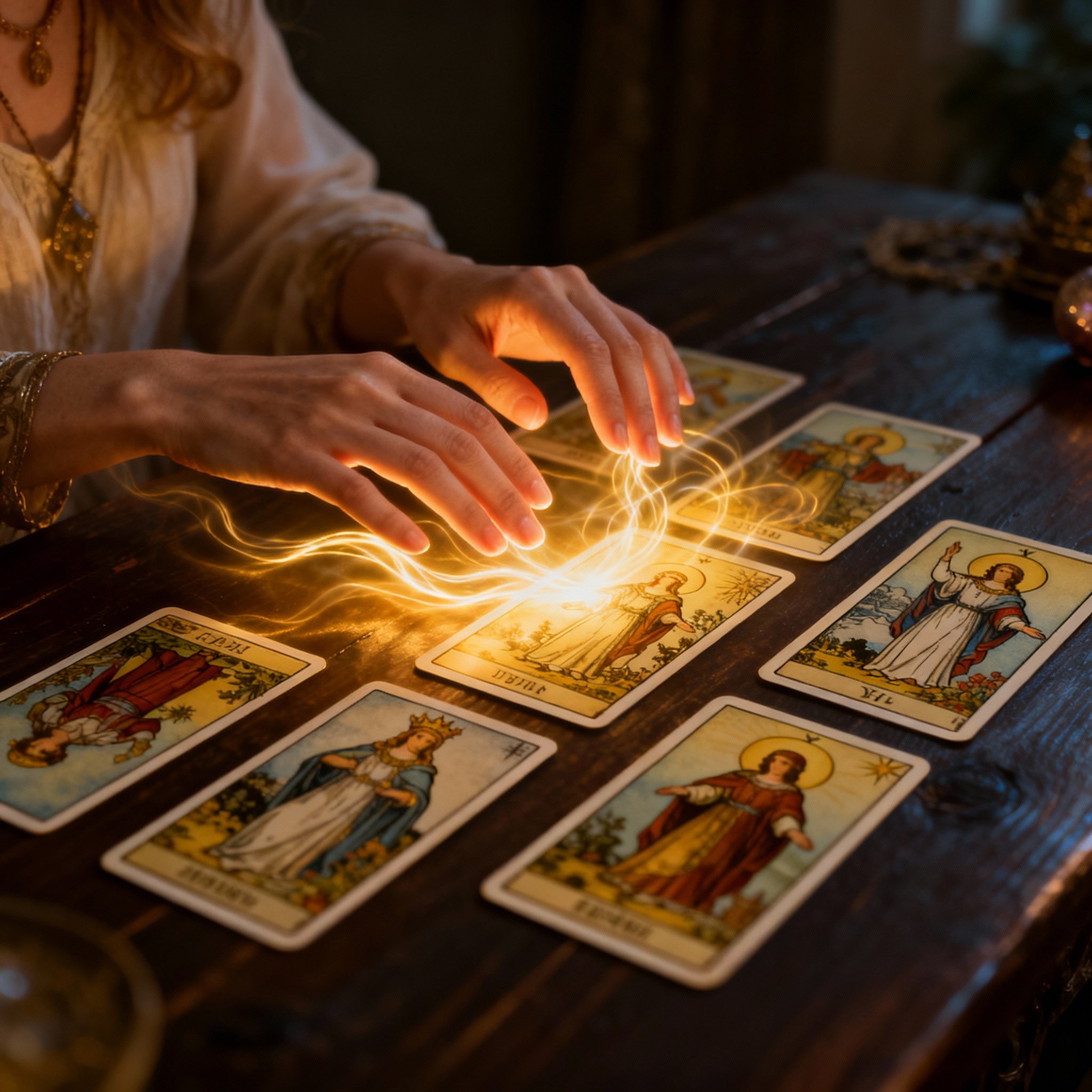 A close-up shot illustrating a psychic's reading process. A pair of hands hovers gently over a spread of tarot cards, with a soft, healing golden light emanating from the fingertips and flowing onto the cards, symbolizing the blend of energy healing and tarot interpretation.