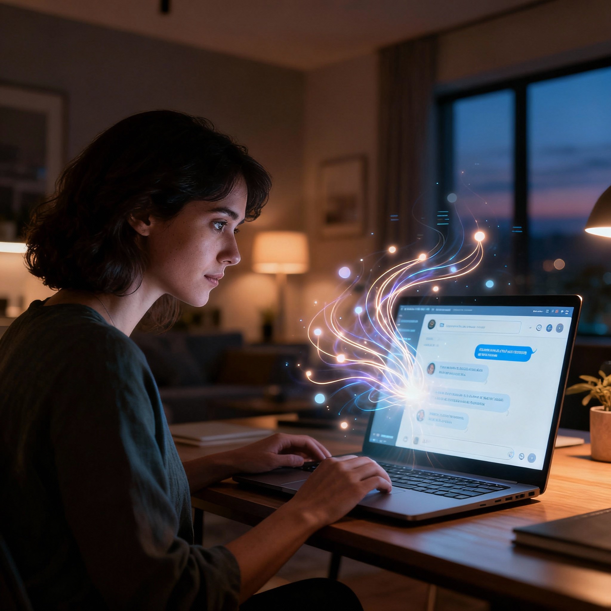An advisor in front of a laptop during an online consultation, with abstract light patterns on the screen representing the client's energy and emotions, symbolizing her interpretation of deep insights.
