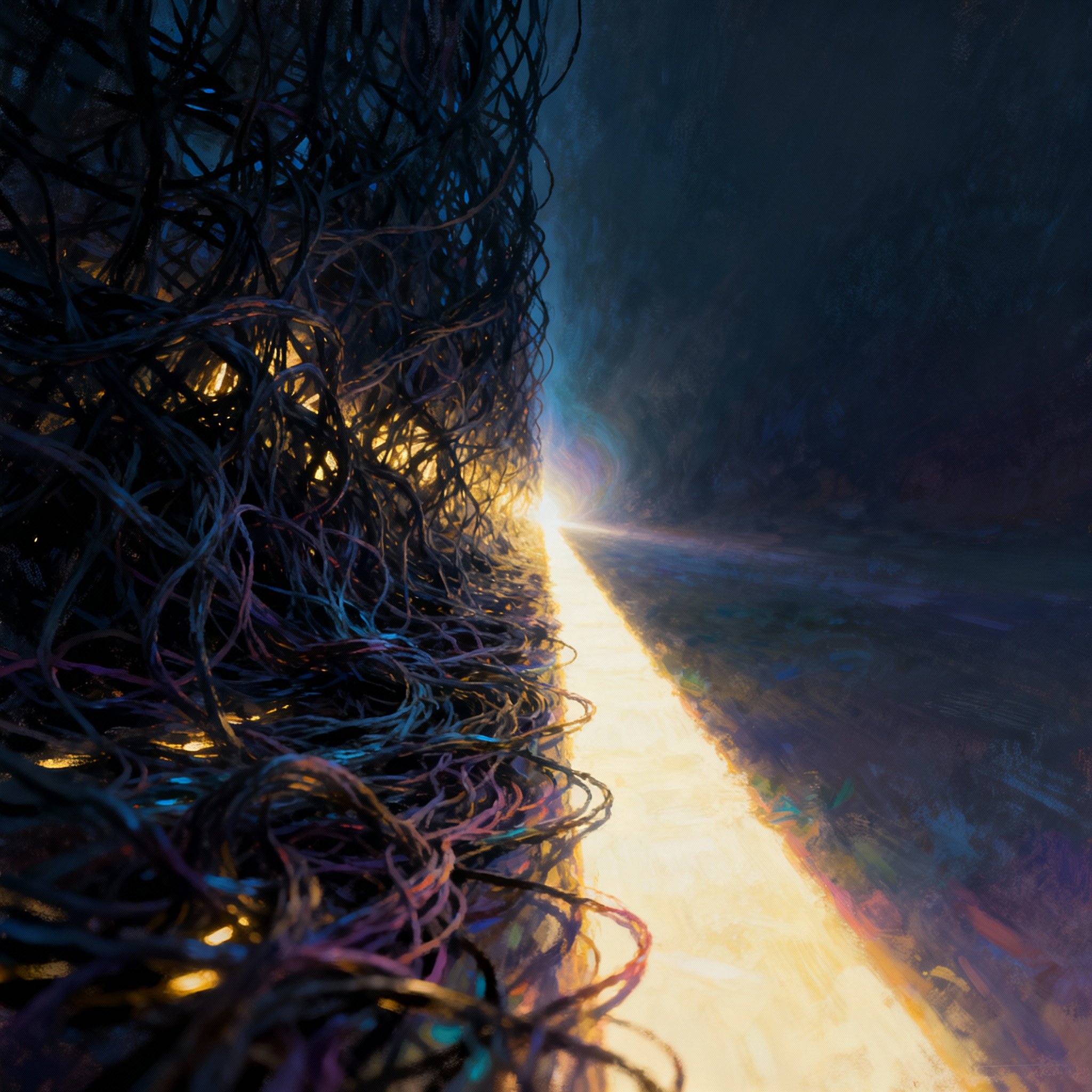 An abstract consultation scene, where a client's chaotic thoughts, symbolized by tangled lines, are straightened into a single, clear, and bright path by the psychic's insight.