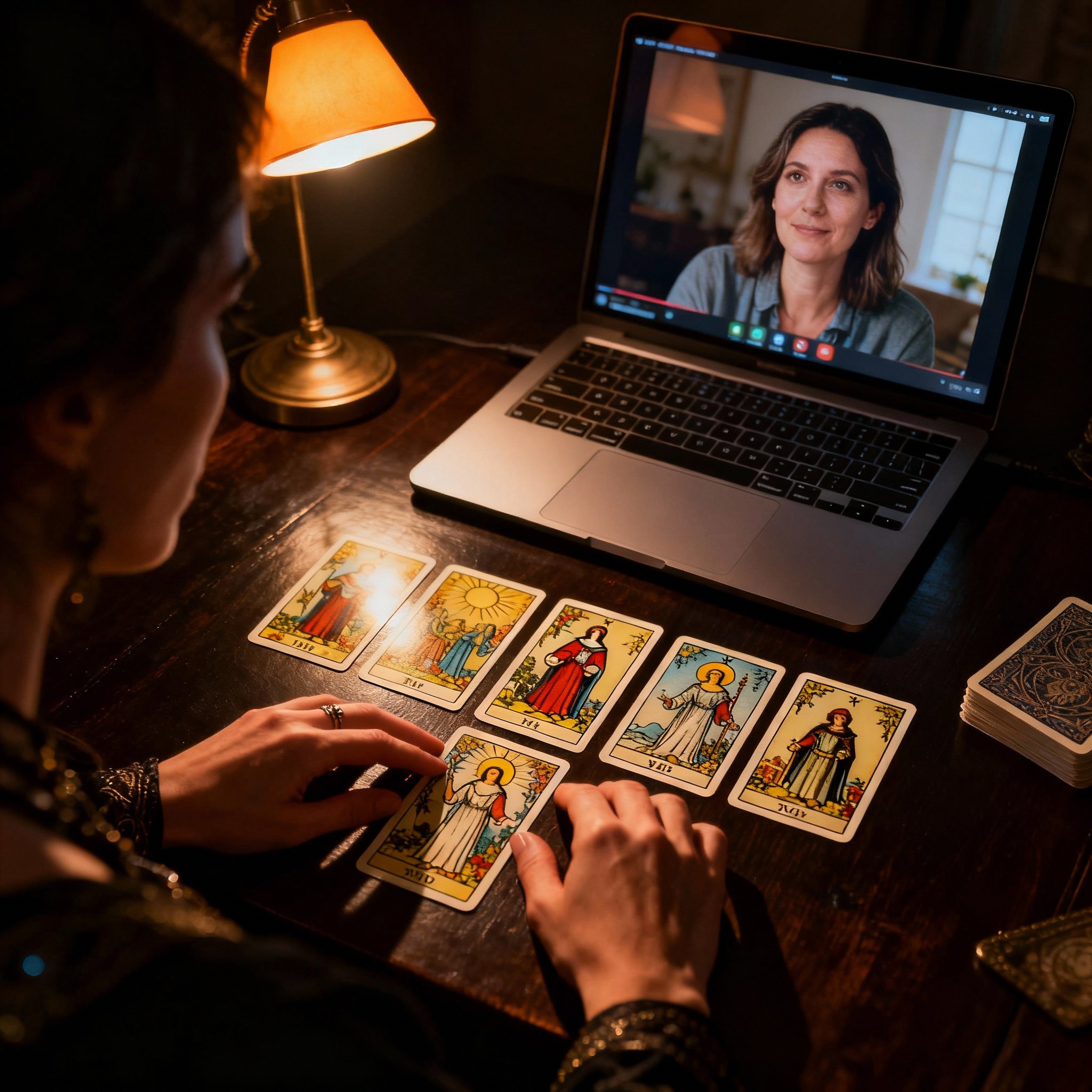 A scene of a psychic interpreting Tarot cards for a client over a video call. The focus is on the cards spread on the table and her focused, insightful expression, with soft lighting creating a private and concentrated atmosphere.