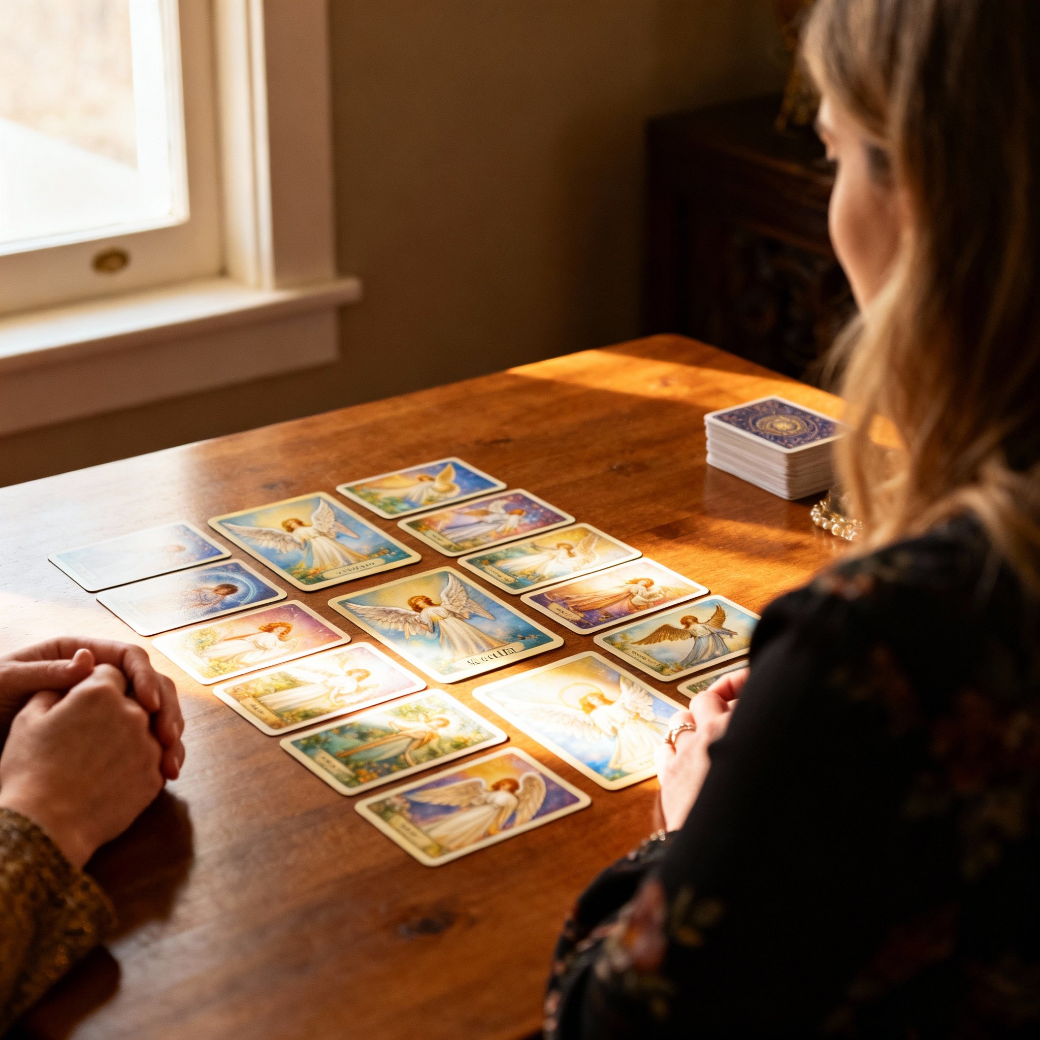 A consultation scene where Scarlett Rose is attentively interpreting angel oracle cards laid out on a wooden table for a client. Her posture is empathetic and focused. Natural light streams from a window, illuminating the cards and their hands, creating a safe, clear, and insightful atmosphere.