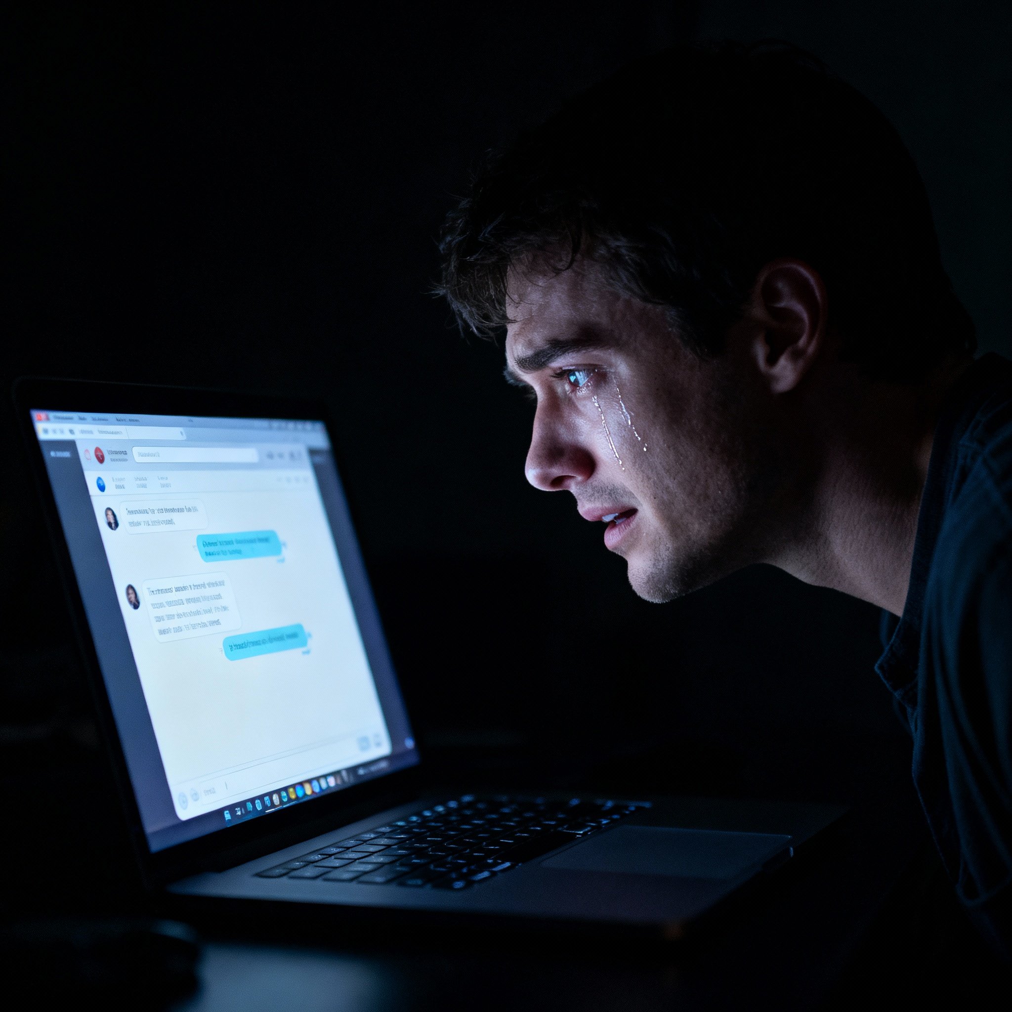 An over-the-shoulder shot of a user looking intently at a chat consultation on a laptop screen. The user's face shows an expression of epiphany and emotional release, with tears welling in their eyes.