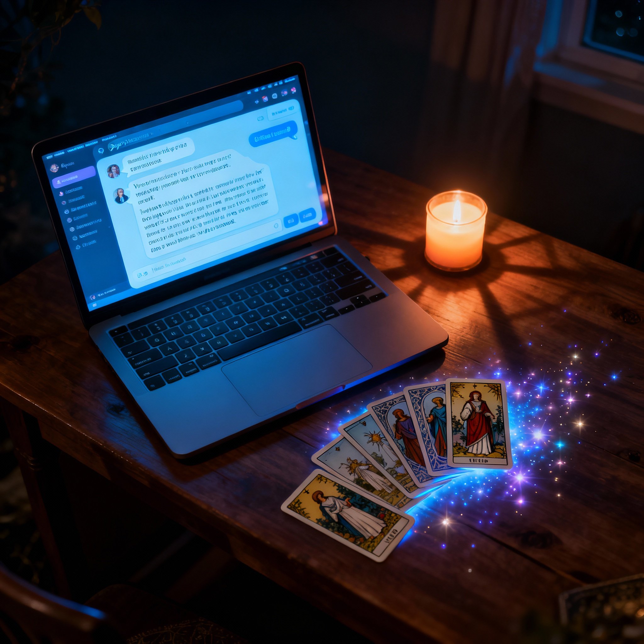 On a desk, a laptop screen displays an online chat interface with a psychic, while glowing tarot cards are spread beside it, symbolizing deep insight and spiritual interaction during the consultation.
