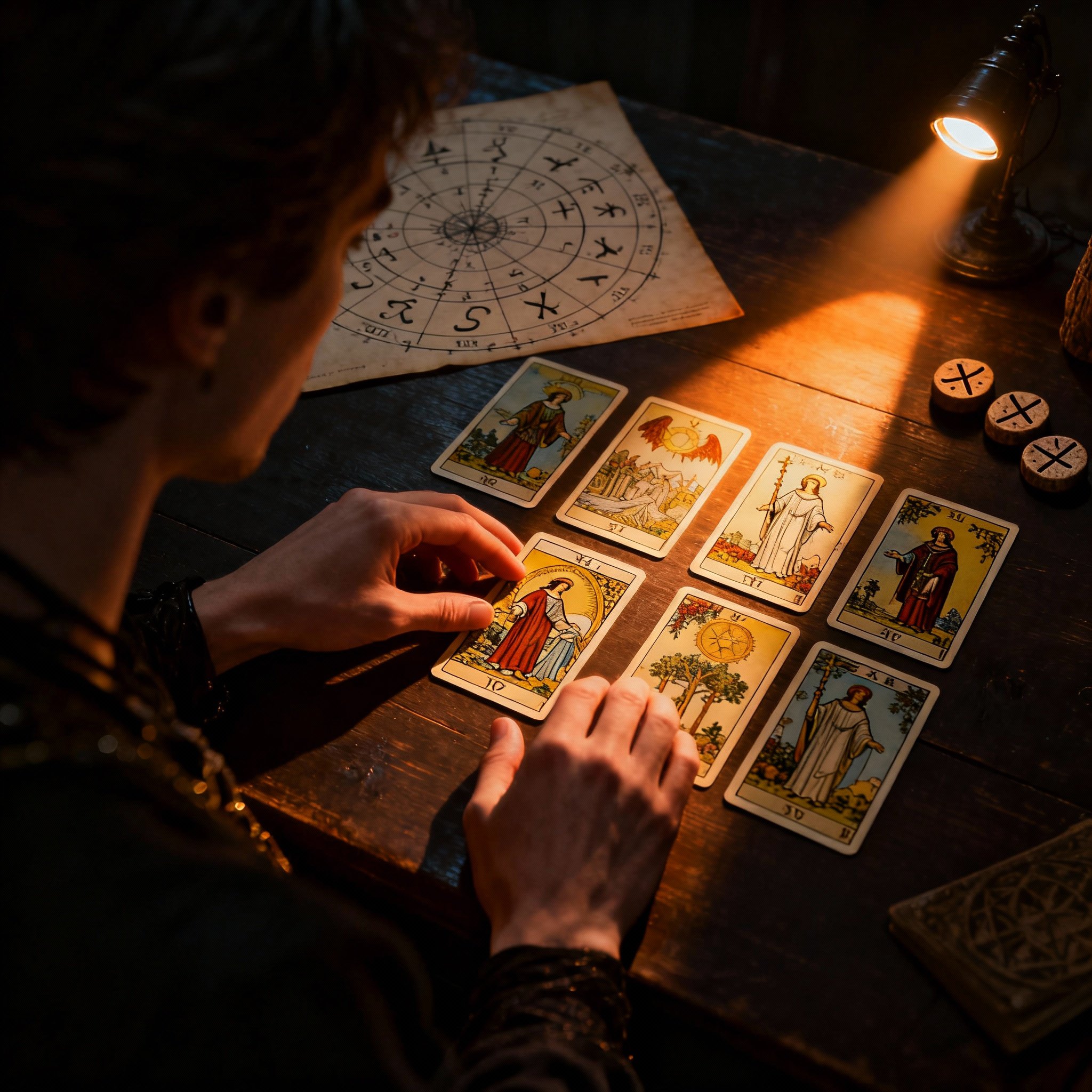 A view from the consultant's perspective, showing Satine Star's hands interpreting Tarot cards on a wooden table, with an astrological chart nearby. Light focuses on the cards, revealing intricate symbols and symbolizing the profound clarity being offered to the client.