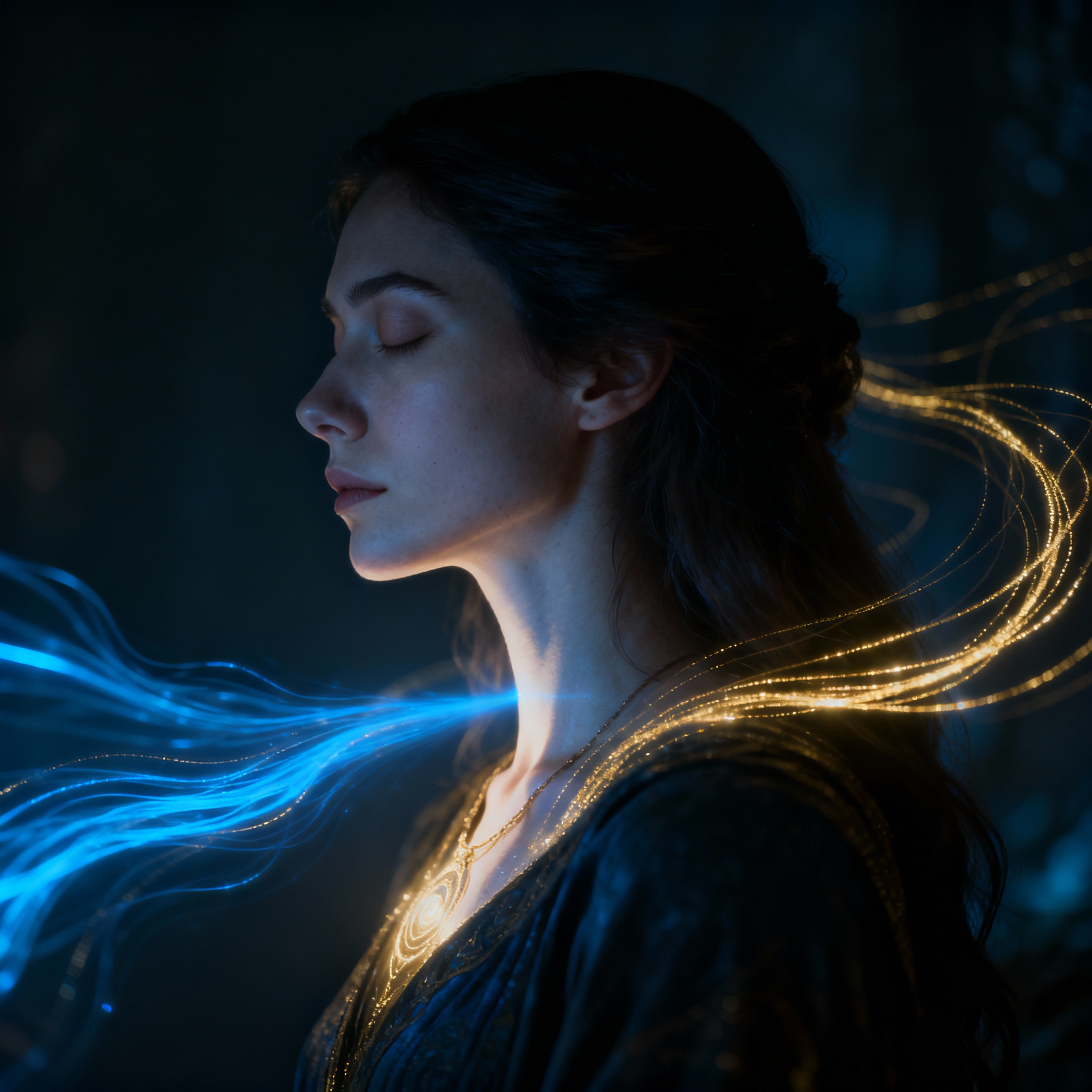 An advisor in a consultation, listening intently with eyes closed, surrounded by abstract light patterns representing intuitive insight and energy flow.
