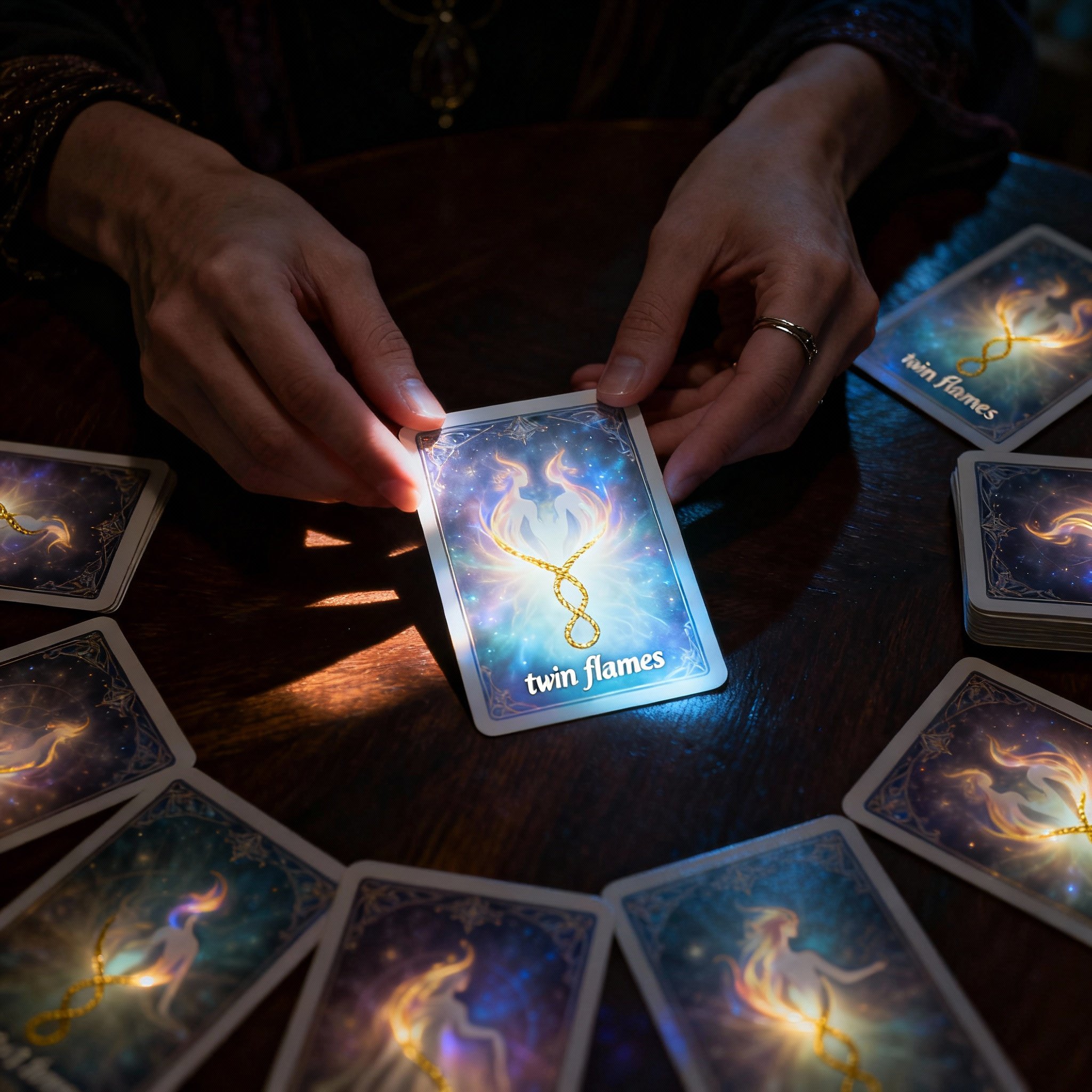 A top-down view of hands gracefully hovering over a spread of glowing oracle cards, which depict symbols of twin flames or soulmates, with light emanating from them to represent clarity and insight.