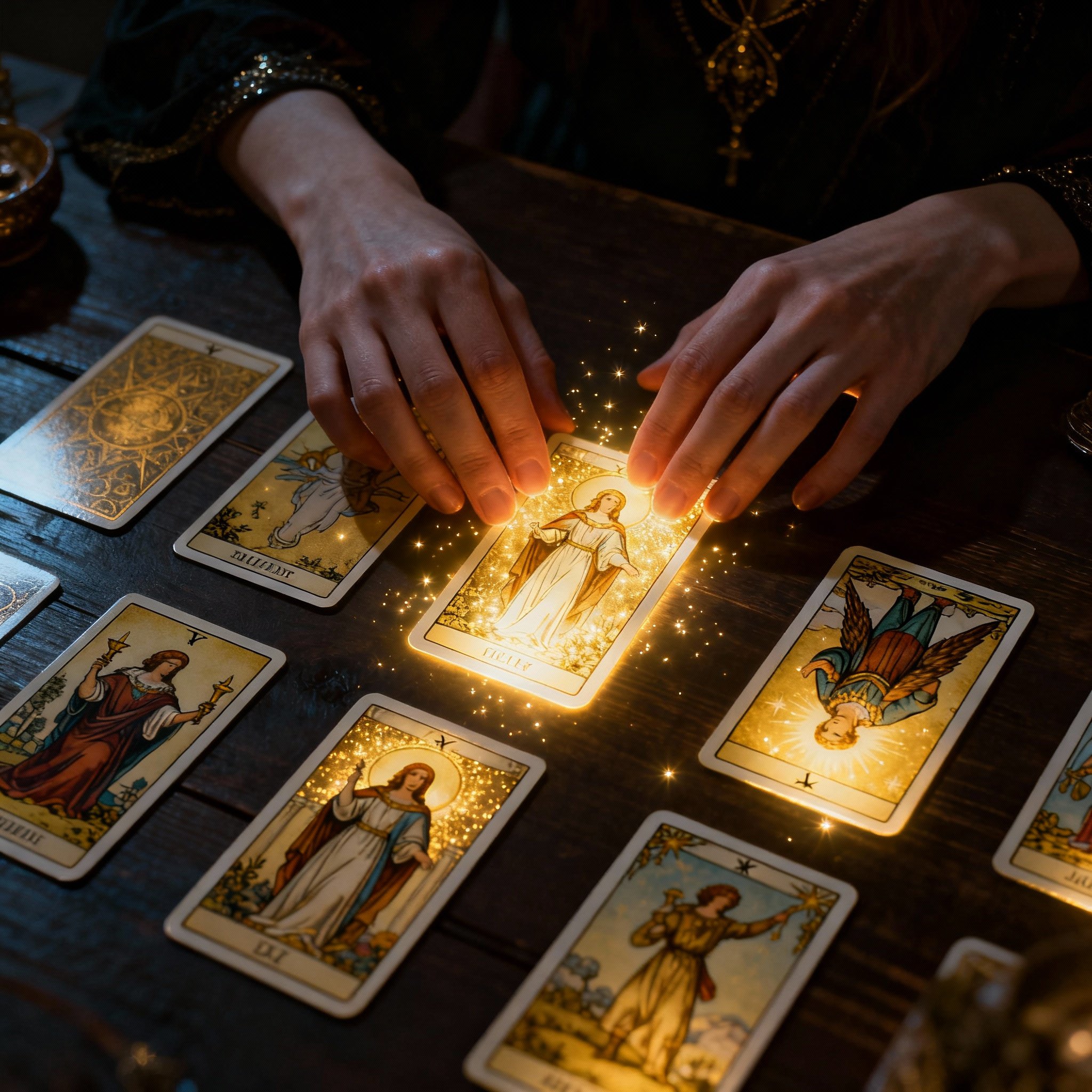 An overhead close-up of a consultation scene, showing a psychic's hands interpreting tarot cards for a client. The cards emit a subtle glow, symbolizing deep insight and revelation.