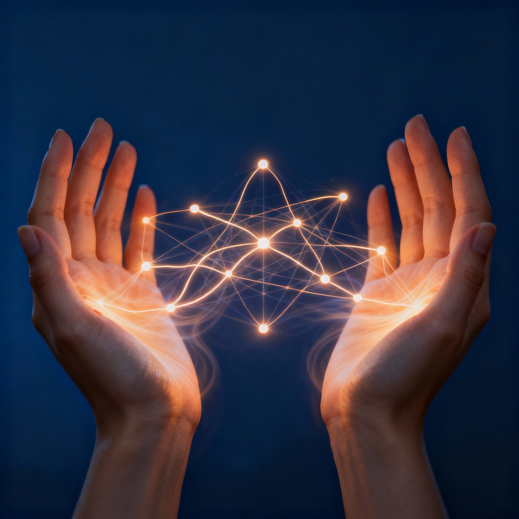 An artistic depiction of a psychic consultation, where a pair of hands gently reaches out, connecting with abstract glowing lines of energy representing a client's life path, symbolizing clarity and insight.