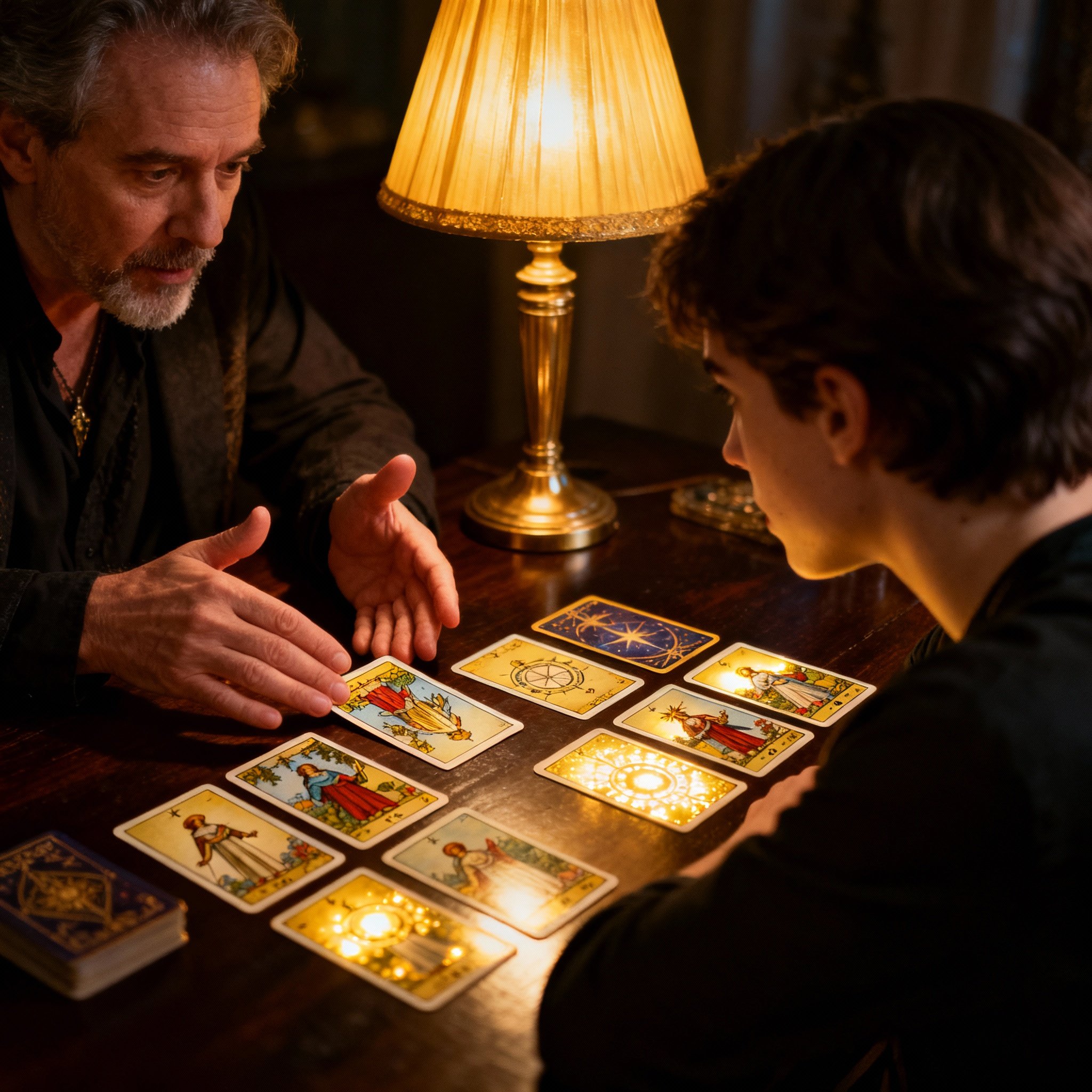 A close-up of a consultation, where a psychic's hands point to a specific tarot card in a spread, explaining its meaning to a client, creating a focused and enlightening atmosphere.