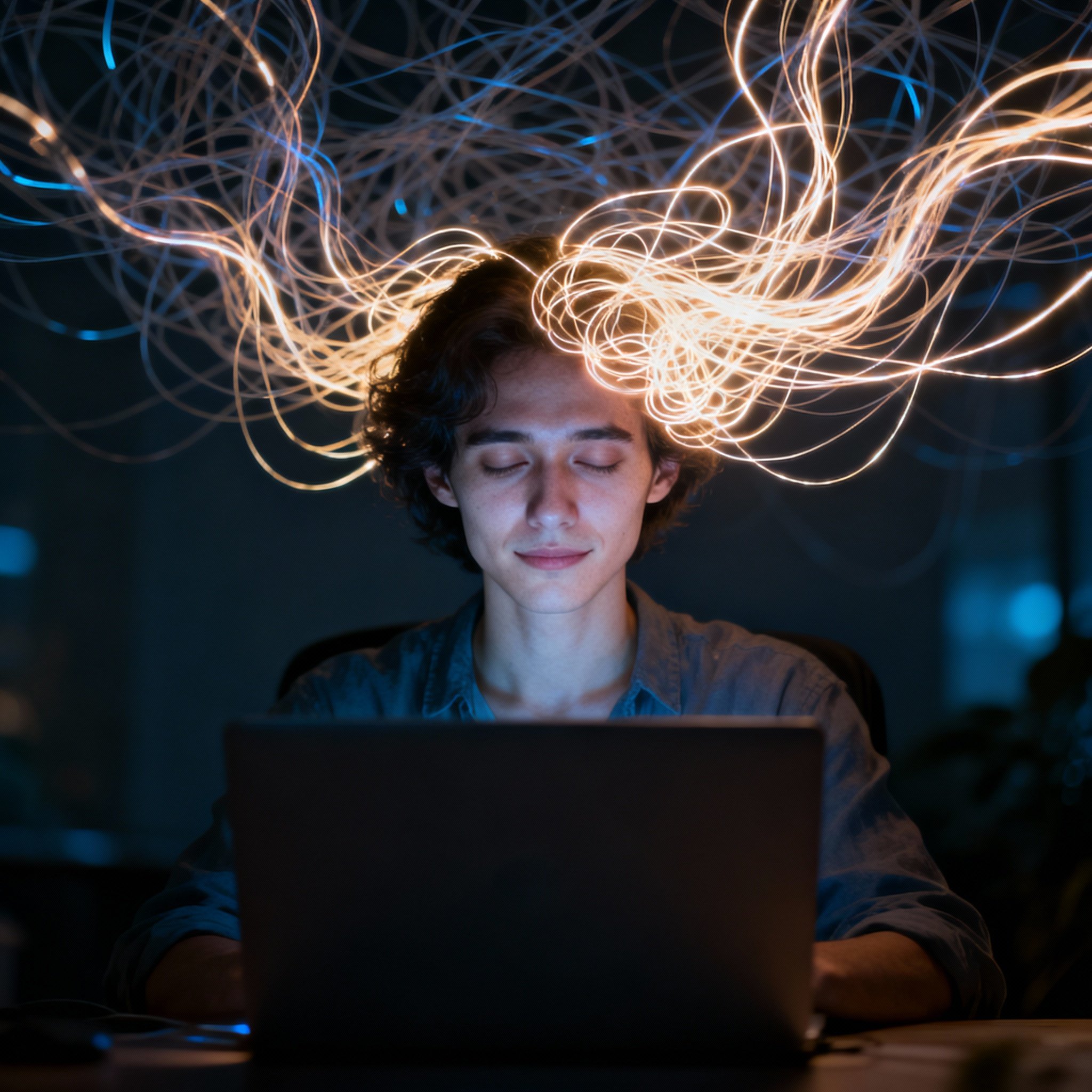 A client is in an online video consultation. The client's expression transitions from confusion to a moment of sudden clarity and relief, with a gentle smile on their face. Abstract light patterns and clean lines emerge from a chaotic background, symbolizing the process of gaining insight and mental peace.