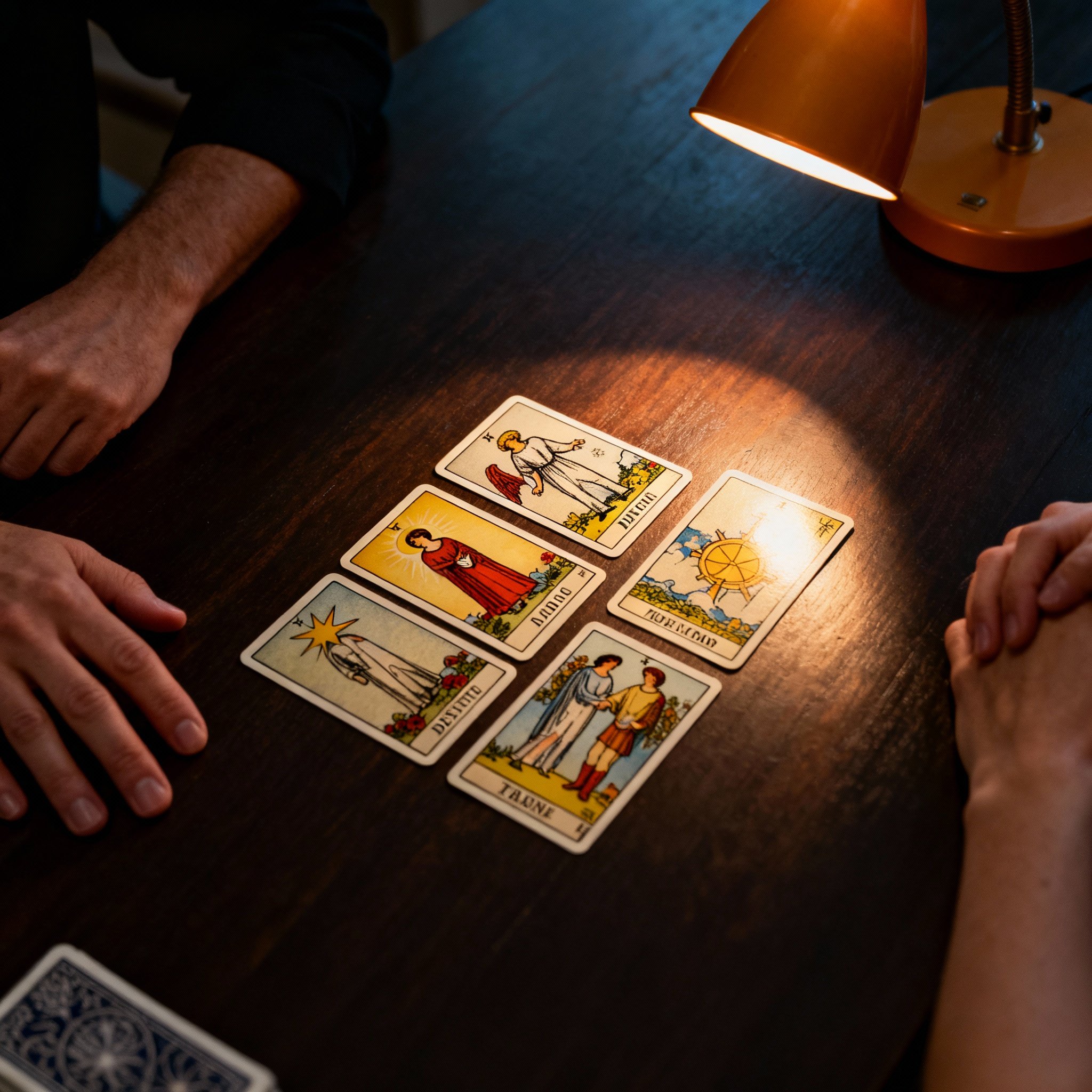 A close-up of a consultation scene, with the psychic's hands laying out Tarot cards on a table. The card illustrations are clear, and the light is focused on them, symbolizing the revelation of deep insight.