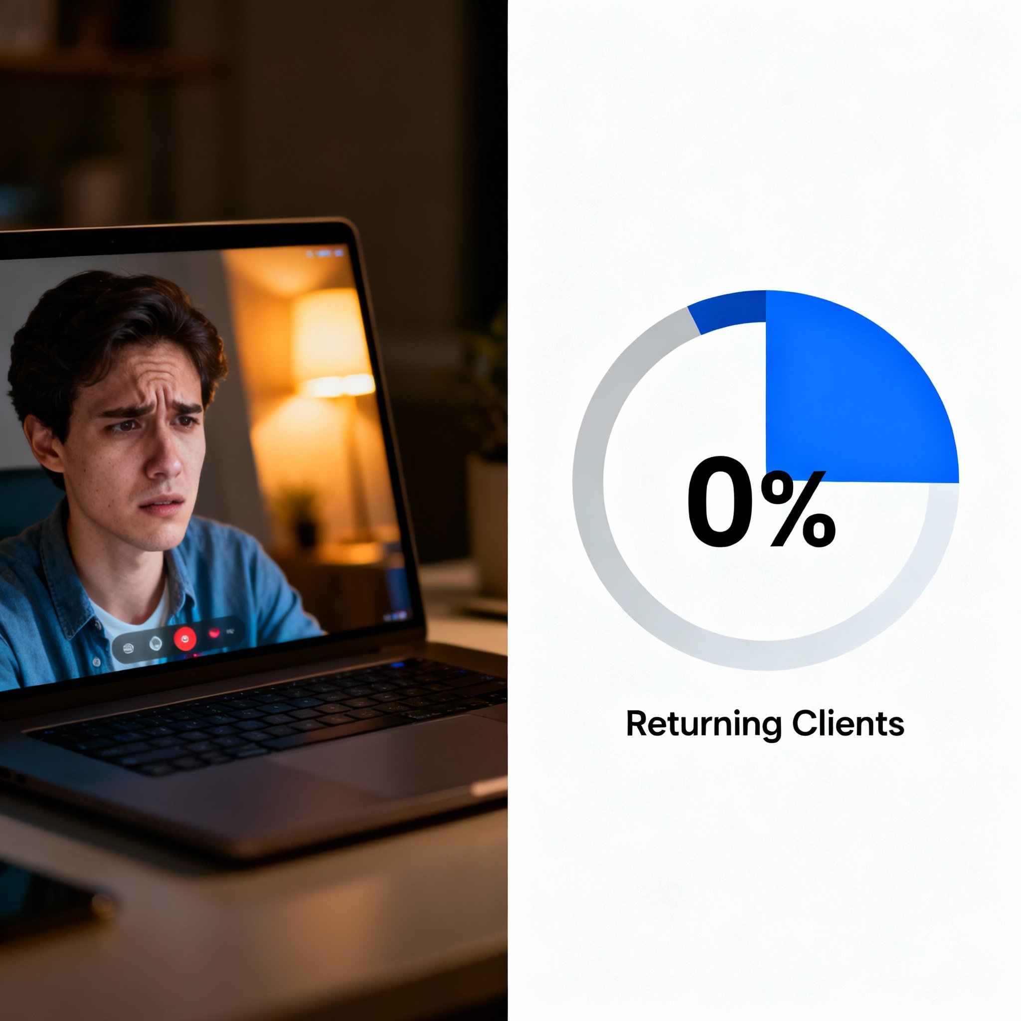 A split-screen image showing a disappointed and confused user on a video call on the left, and a clean data chart on the right indicating a 0% client retention rate, highlighting the gap between expectation and reality.