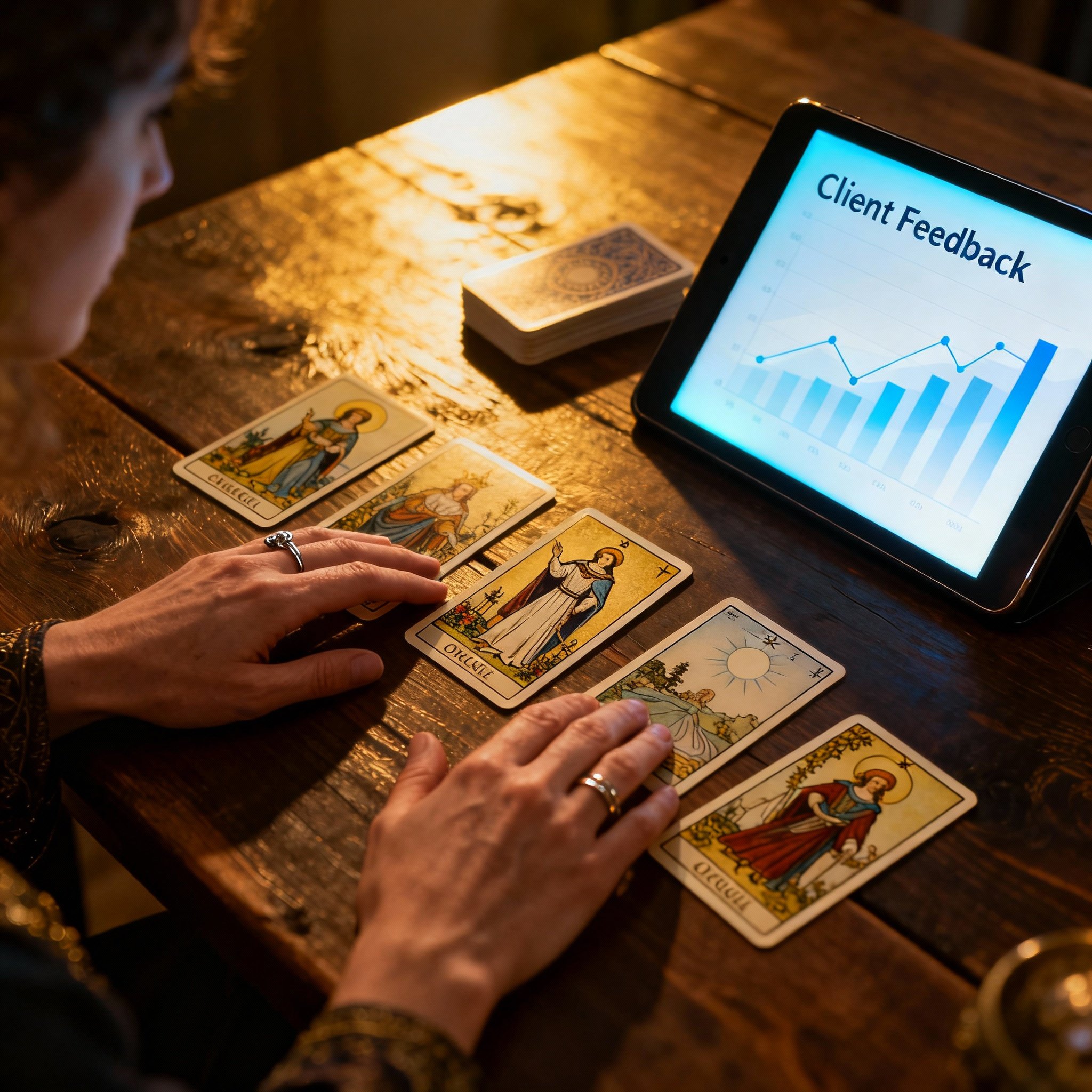 An overhead view of a consultation scene, where a pair of hands elegantly arranges Tarot and Oracle cards on a table next to a tablet displaying a chart analyzing customer reviews.