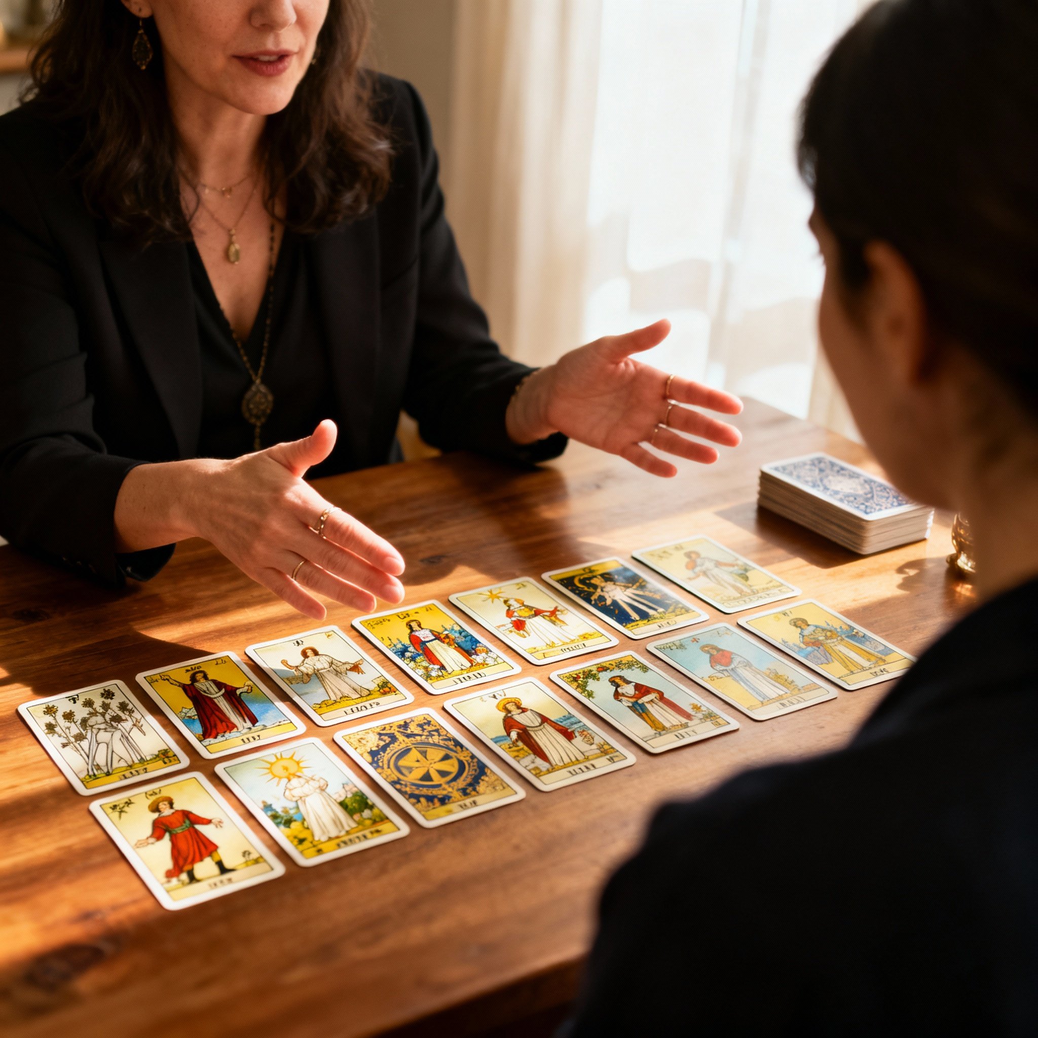 An over-the-shoulder view from a client's perspective, showing psychic Alise interpreting tarot cards on a table. The focus is on her insightful hands and the cards, her expression is focused and direct, conveying a mood of revelation and interaction.