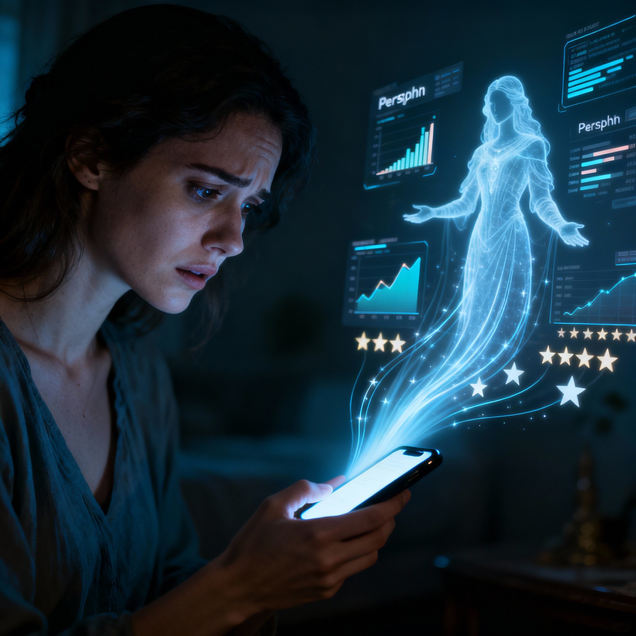 A conceptual art image showing a user looking anxiously at her smartphone. Glowing lines and charts made of data emerge from the screen, connecting to an elegant, translucent silhouette of a psychic who is interpreting the information, symbolizing the combination of remote consultation and data analysis.