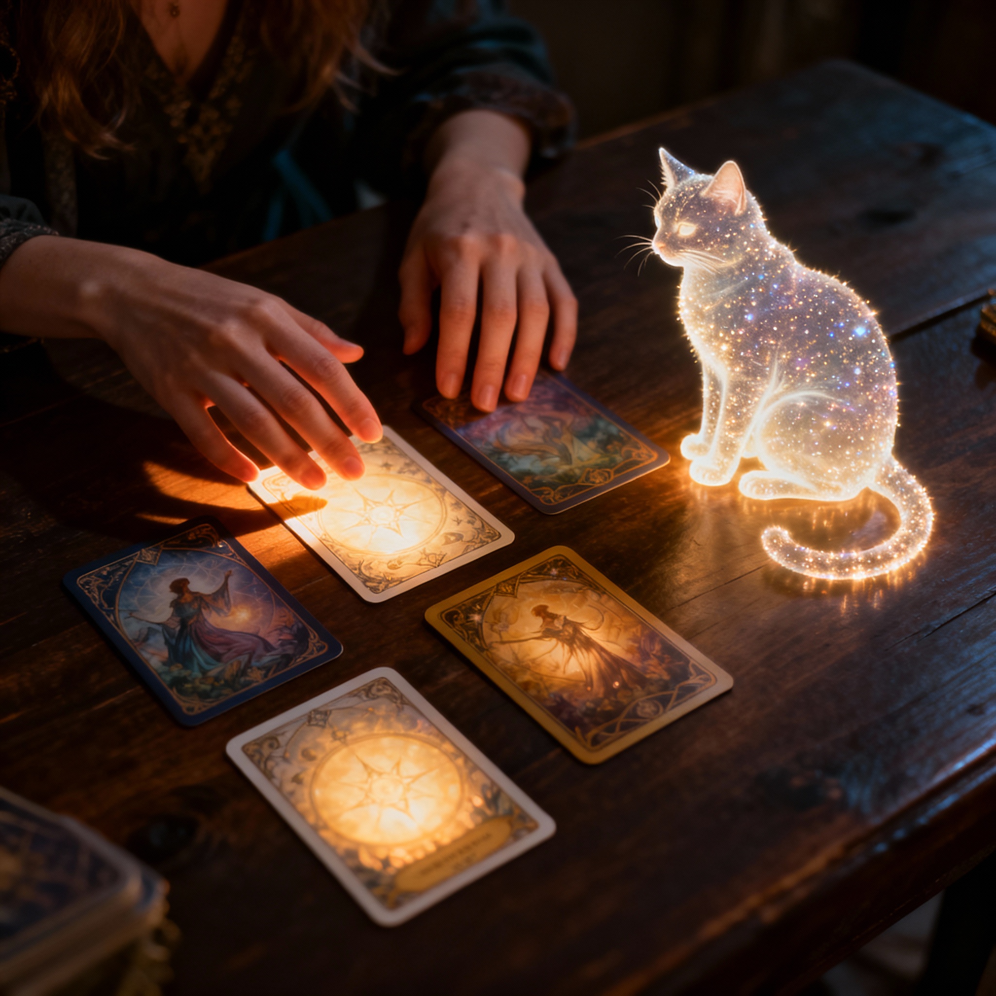 A close-up scene on a consultation table where a pair of hands rests gently over glowing oracle cards, while a translucent, spiritual silhouette of a cat materializes on the table, symbolizing a pet psychic connection.