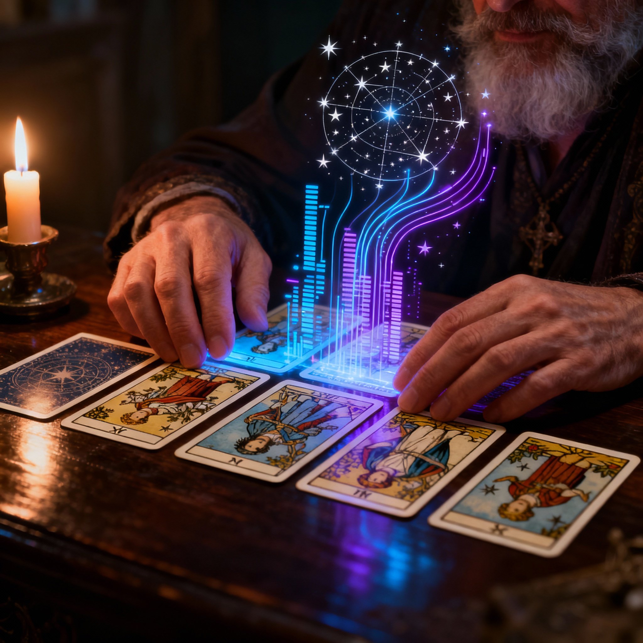 A man's hands are laying out Tarot cards on a dark wooden table. Abstract, glowing data streams and constellations emerge from the cards, symbolizing the blend of intuitive reading with data analysis in an insightful scene.