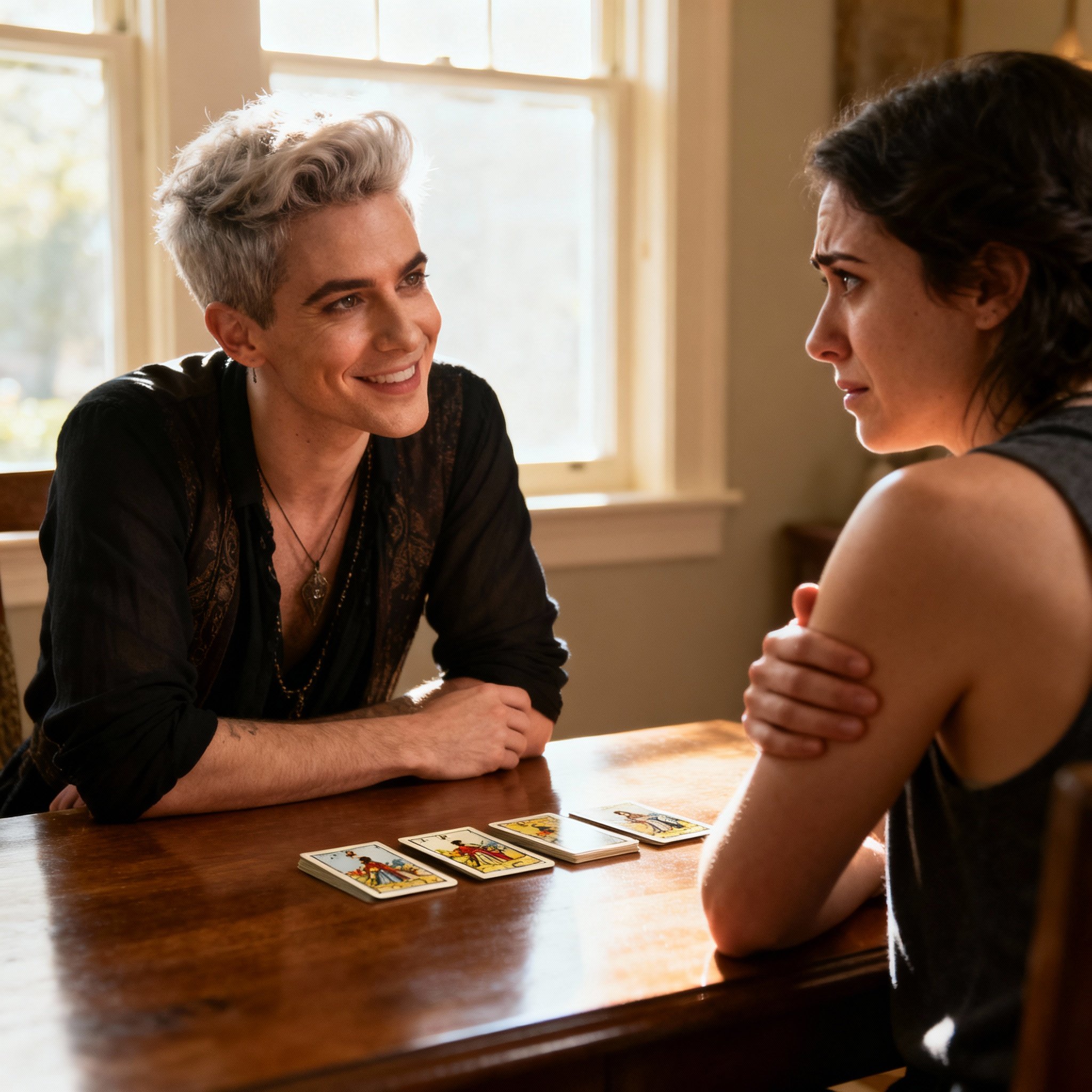During a psychic consultation, a client has a breakthrough moment of clarity and relief while listening to the psychic Dante, with a few tarot cards on the table.