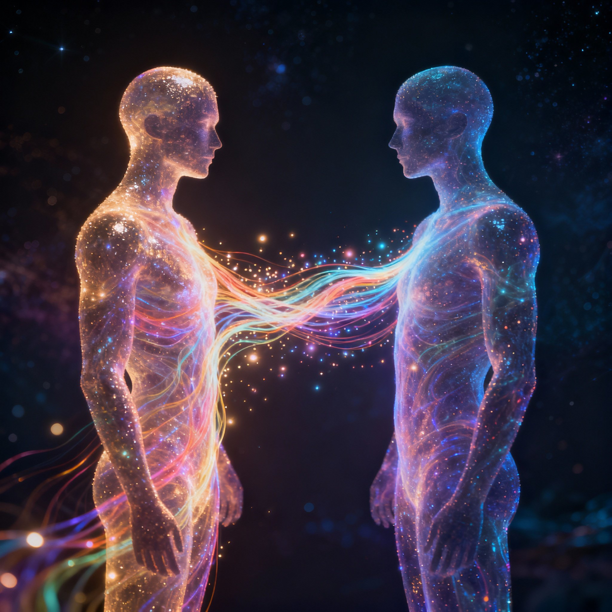 A conceptual art piece showing the energy fields (auras) of two people intertwining, symbolizing a psychic's tool-free insight into a client's emotional and energetic state during a consultation.