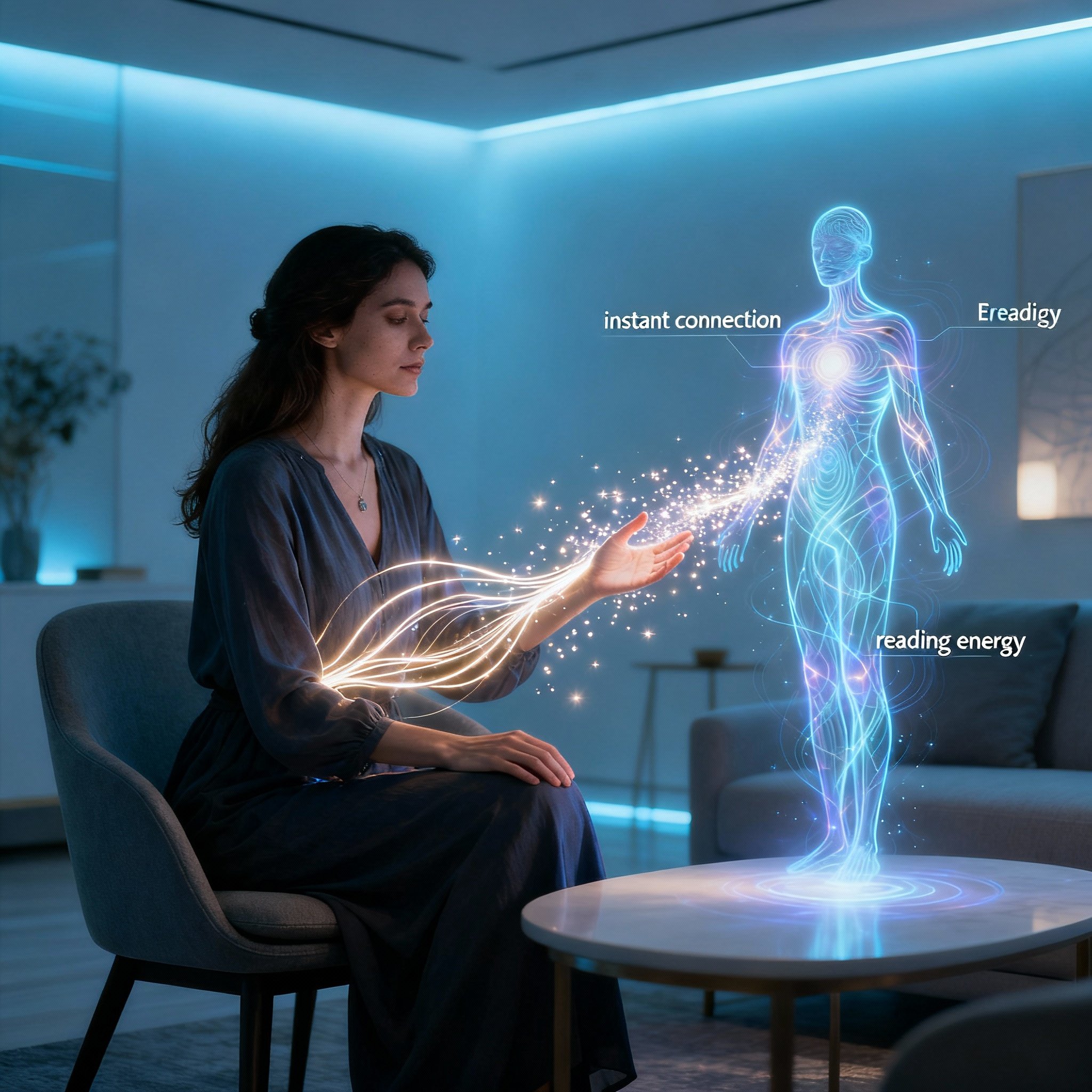 A symbolic scene illustrating how Psychic Cilla works during a consultation. She is shown with her eyes closed in deep concentration, one hand slightly outstretched as if sensing invisible energy. Glowing light particles emanate from her palm, connecting to an abstract, luminous silhouette representing a client's energy field.