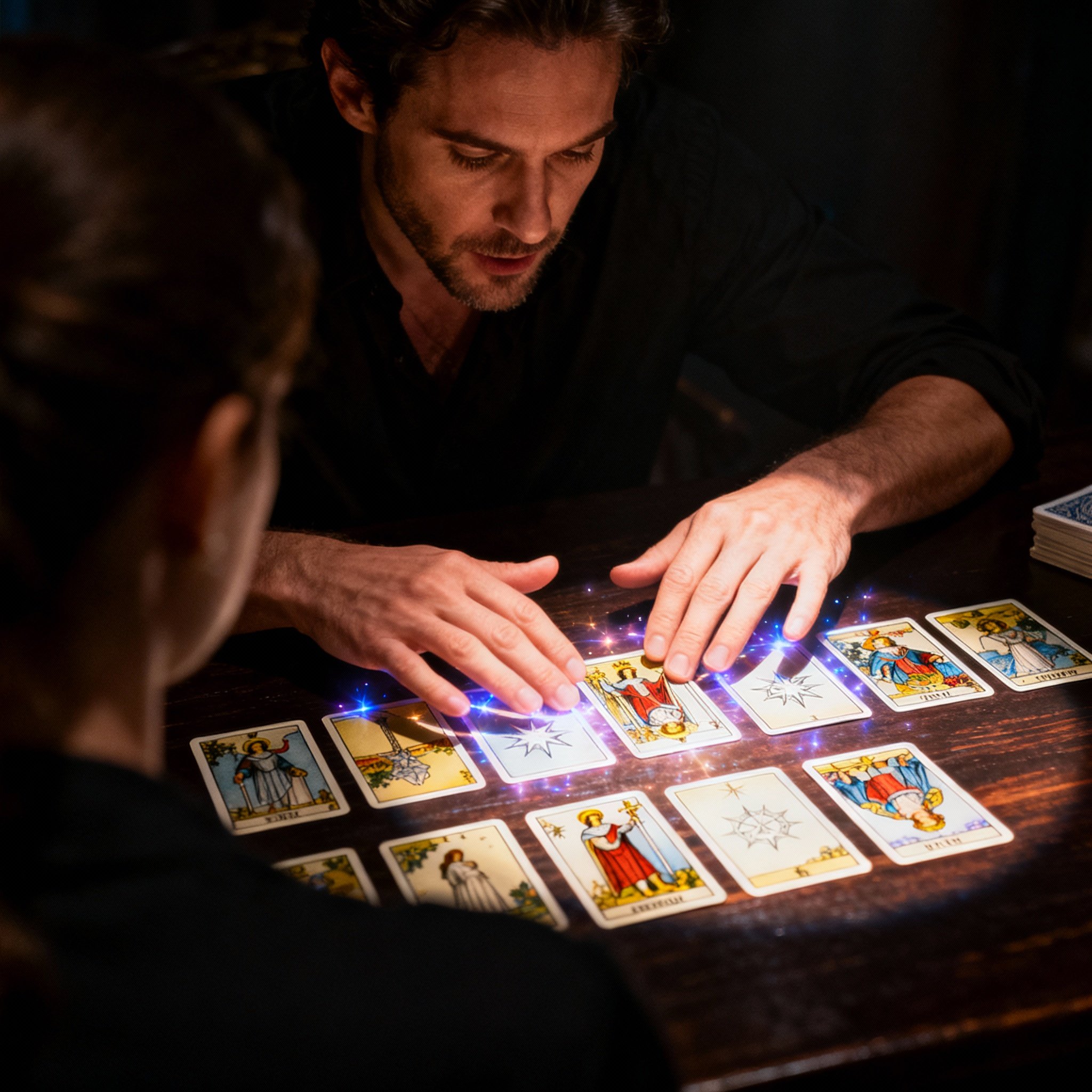 From a client's point of view, Psychic Adam is intently interpreting a spread of glowing tarot cards on a table, his hand gestures and expression conveying deep insight and clarity.