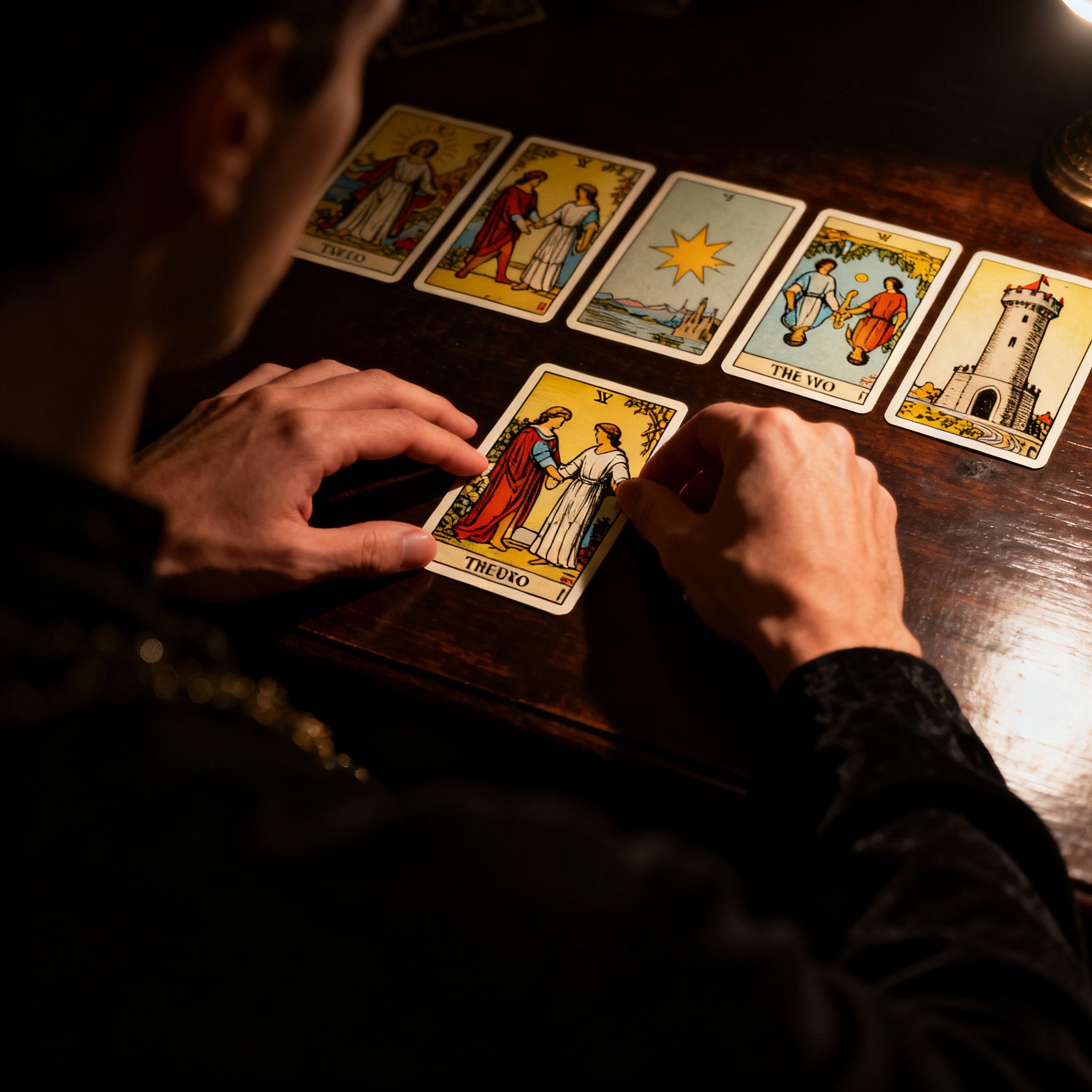 From a client's perspective, psychic Tinas Tarot's hands are seen intently laying out a spread of tarot cards. Light focuses on the cards, revealing intricate symbols, symbolizing the clarity she provides for complex relationship issues.