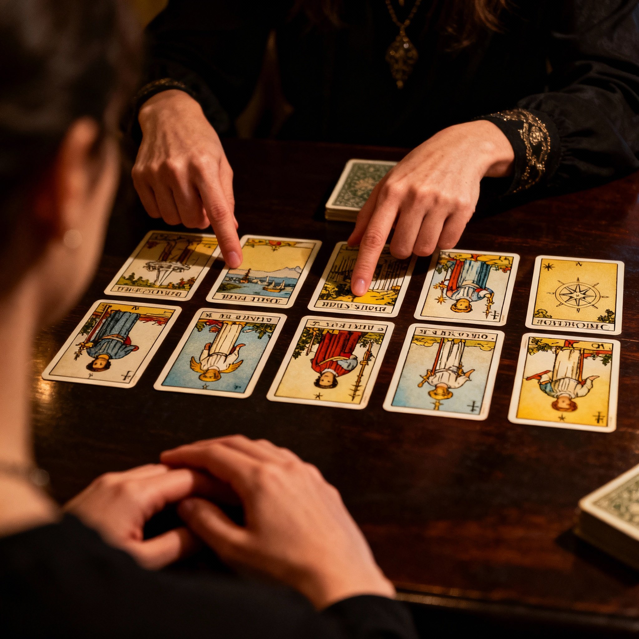 A client's point-of-view shot shows a psychic's hands interpreting tarot cards on a dark wooden table. She points to a specific card, offering direct and clear guidance. The scene focuses on the insightful moment of interaction.