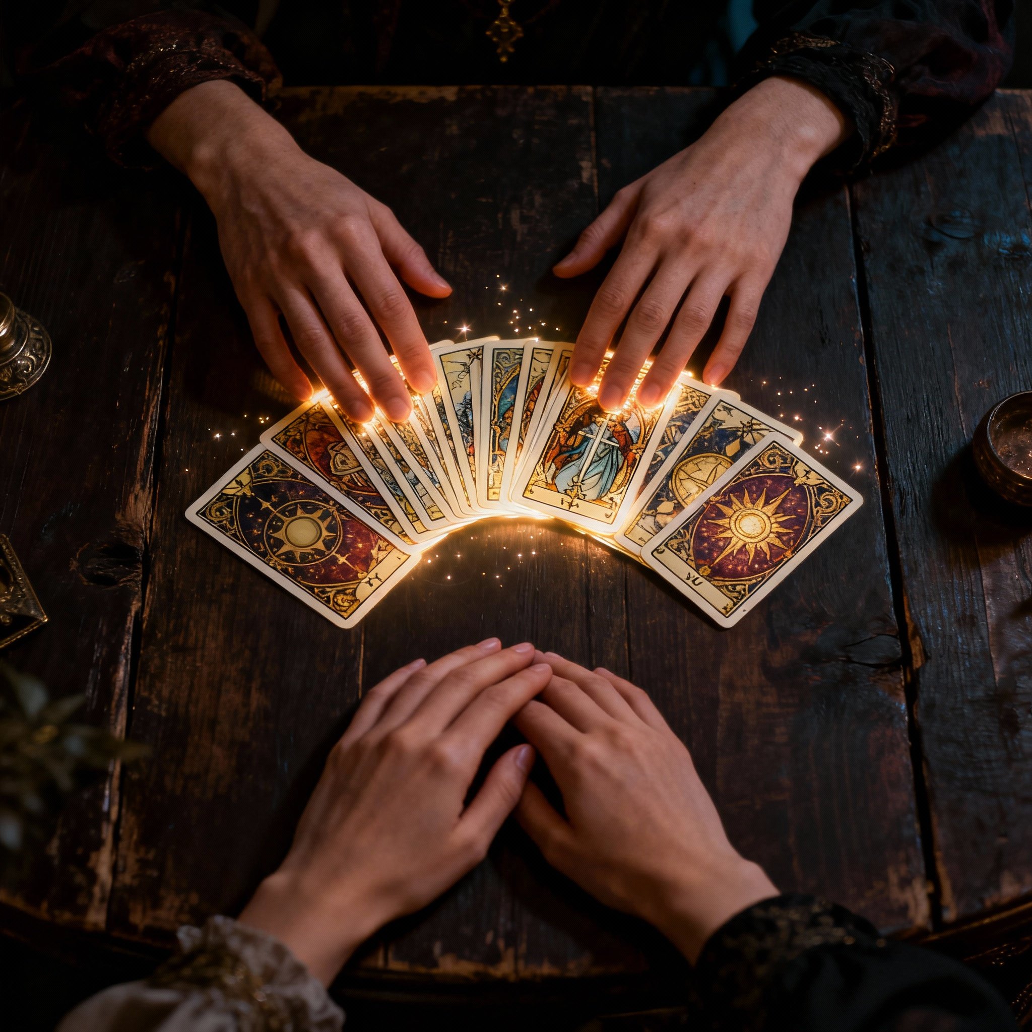An overhead shot of a dark wooden table where a psychic's hands are laying out a spread of glowing tarot cards, with another pair of hands representing the client, focusing on the card details and the sense of consultation.